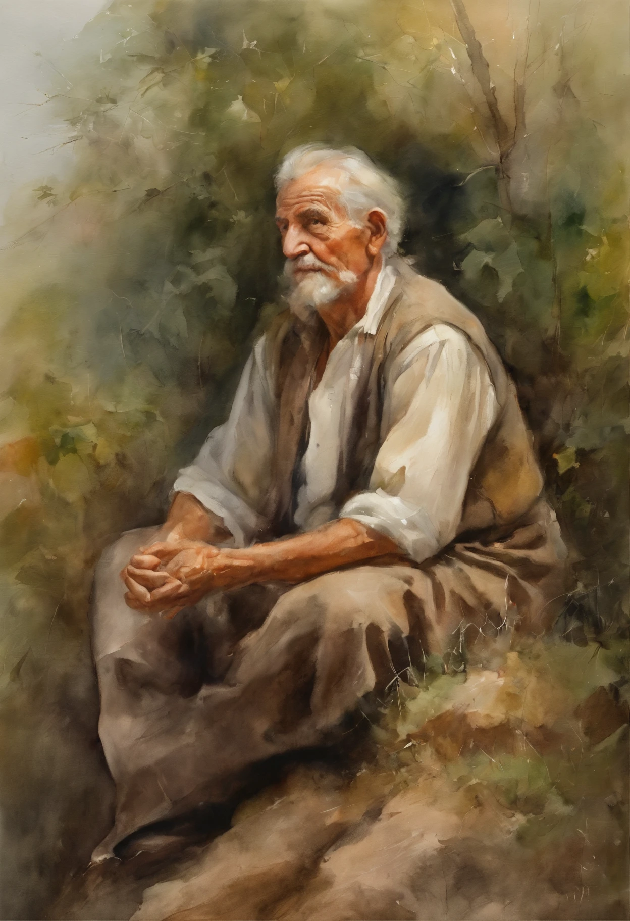 Um homem velho sentado em agradecimento, Expressing gratitude, sentado no alto de uma montanha, paisagem linda, demonstrando espiritualidade, cinematografic, imagem 8k, roupas cobrindo todo o corpo, Hands close to each other, meditation, agradecimento, cabelos calvos, sereno, Showing Gratitude, olhos entre abertos, pernas encolhidas, sentado, rosto levemente levantado para o alto, mas na altura do peito, cabelos calvos, homem cubano, sul americano, gratitude.