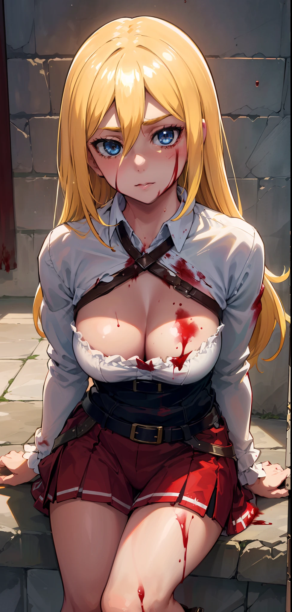 (day:1.7),
sitting on the floor,long sleeves,(((belt, savage girl, brutal, blood, blood on face, sadistic, torment, torture room))), thighs,
blonde hair,blue eyes,bangs, Long_hair,(hair between eyes:1.3),
1 girl, 20yo,mature female,Beautiful Finger,Beautiful long legs,Beautiful body,Beautiful Nose,Beautiful character design, perfect eyes, perfect face,
looking at viewer, in the center of the image,focus on face,
NSFW,official art,extremely detailed CG unity 8k wallpaper, perfect lighting,Colorful, Bright_Front_face_Lighting,
(masterpiece:1.0),(best_quality:1.0), ultra high res,4K,ultra-detailed,
photography, 8K, HDR, highres, Kodak portra 400, blurry background, lens flare, (vibrant_color:1.2)
(Beautiful,Large_Breasts:1.2), (beautiful_face:1.5),(narrow_waist),