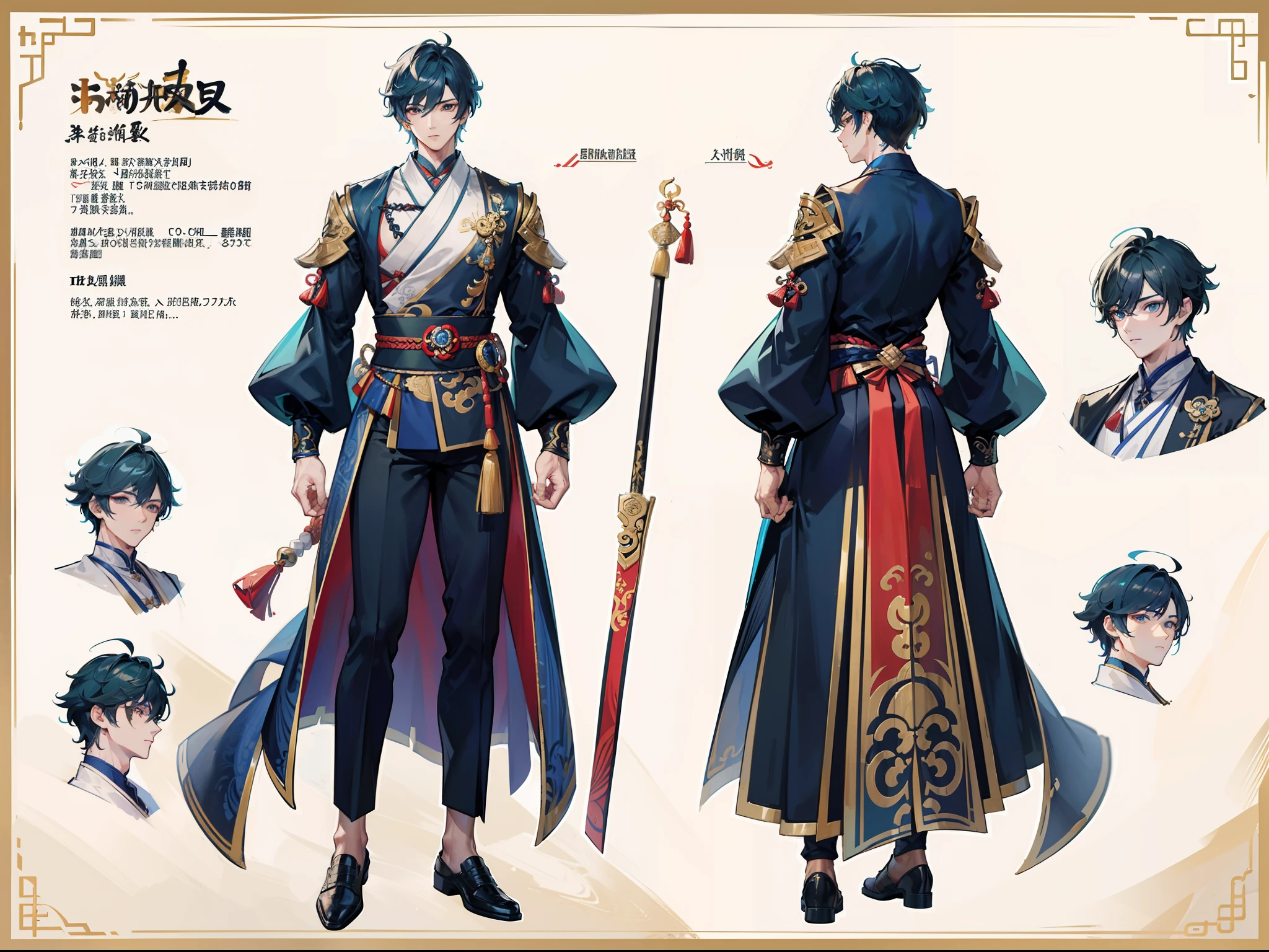 ((Masterpiece, Highest quality)), Male, boy, Detailed face, character design sheet, full bodyesbian, Full of details, frontal body view, back body view, Highly detailed, Depth, Many parts, Muscle boy with brunnete hair,handsome man, Traditional chinese clothes, Genshin Impact, man tall