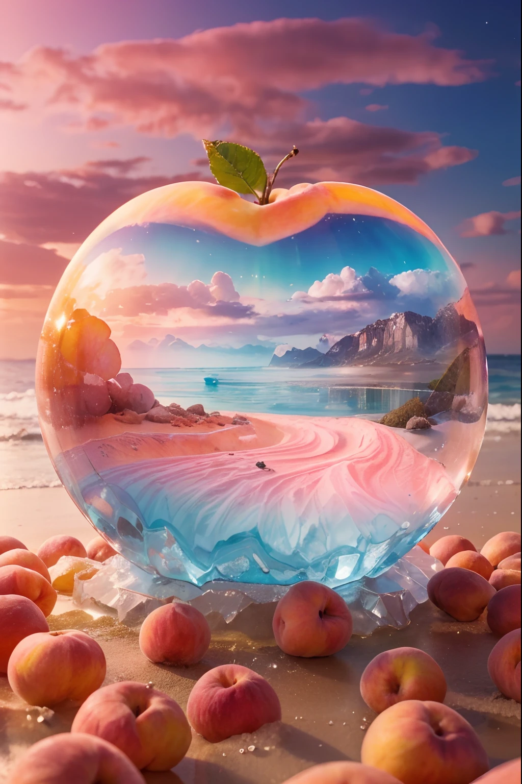 high quality, 8K Ultra HD, aurora scenery inside a peach made of bright peach color ice an a dry dessert beach, in the darkness, bioelimination by yukisakura, high detailed,