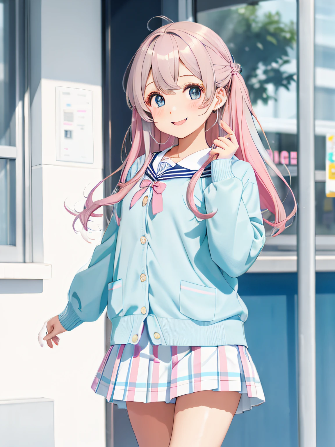 hightquality、Three Beautiful Girls、Coming to school、kawaii hair style、Cute hair colors、Cute colored sailor suit、white sailor collar、Cute plaid pleated skirt、Cute colored school cardigan、 Dancing with a smile、panthyhose、pantie shot
