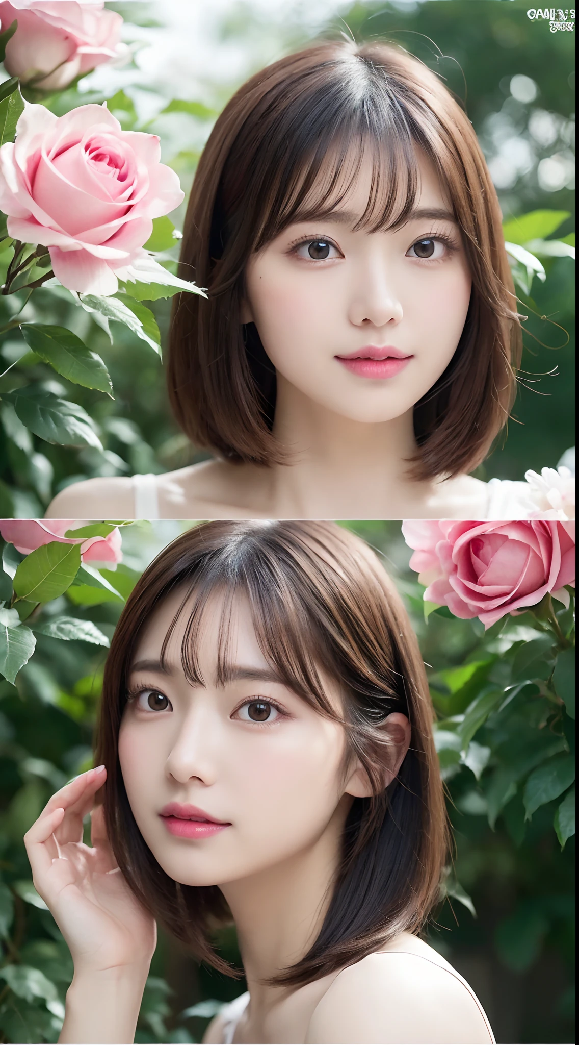 (in 8K,Raw photography,Highest Quality,realisitic,Photorealsitic,extremely delicate and beautiful,Highly detailed,finely detail,ultra-detailliert,hight resolution:1.3),japanes, femele、(age19)、Viewer's Perspective Beautiful and shiny straight bob hair Bangs are parted in the middle Embarrassed look Half-open lips (Beautiful fece:1.2) (kawaii:1.3) front facing Half-open lips Beautifully groomed hair Beautiful pink rose garden on background ((Accurate and detailed human body:1.3))
