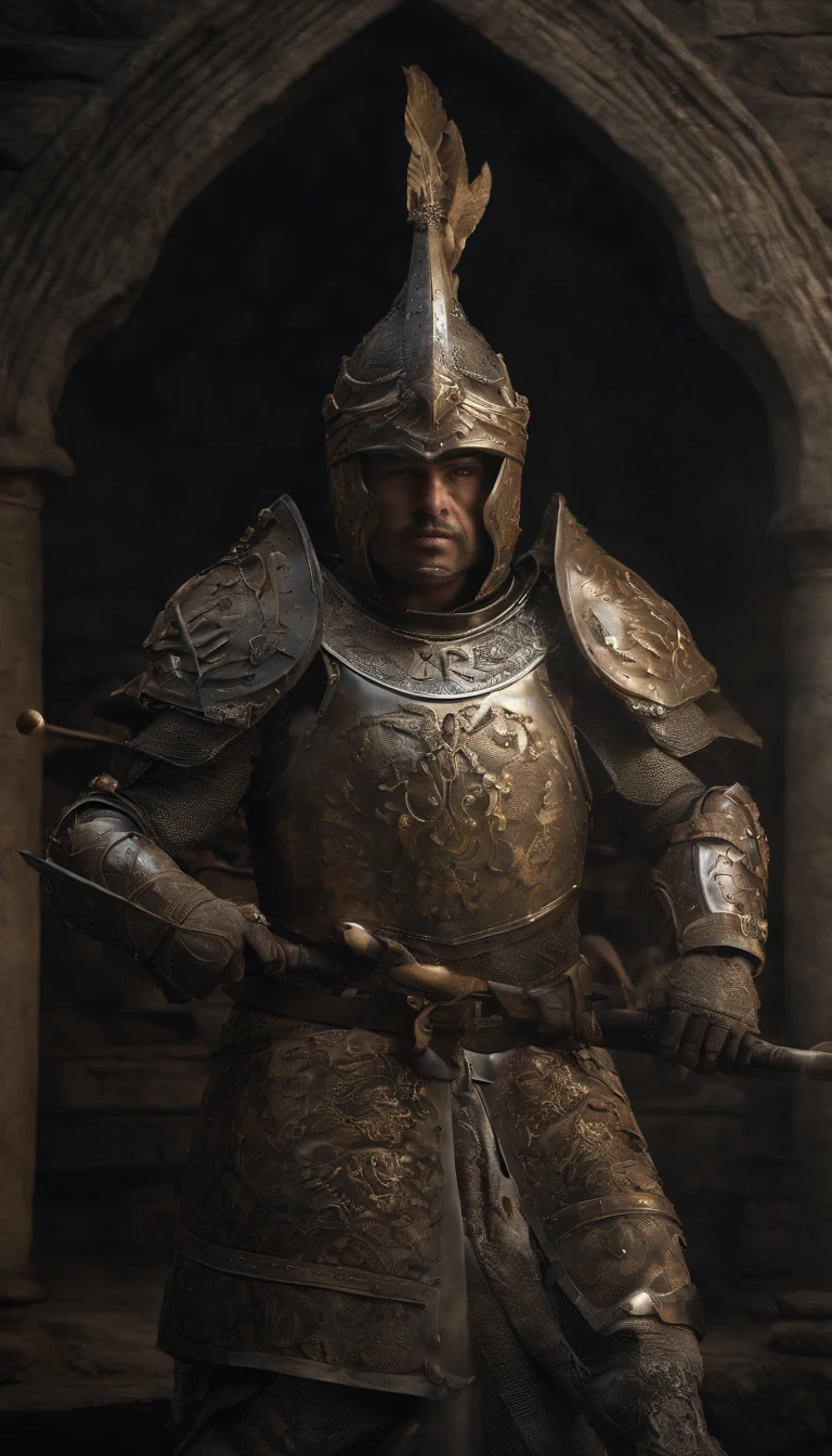 guerreiro, Conceito-Arte, autor:Kishiganku, arte de fantasia, fundo do campo de batalha, clean render, um chifre, Use uma armadura, detailed bushido form smoke, capacete de uma divindade esquecida, character is standing, 8k realista, in game render, detalhe detalhado do fundo do rosto, Art Station home page, touro, Fantasia pseudo-medieval, Uma divindade vestindo armadura koi, armadura de bronze detalhada, Armadura de Bronze, armadura gravada dourada, Armadura Obsidiana de Ouro, armadura de ouro claro, Linda armadura de filigrana, A demonic warrior, Linda armadura cheia de espinhos, intrincada armadura assasin, armadura de metal intrincada, guerreiro poderoso, vestido com uma linda armadura dourada,Decorated with intricate patterns, O capacete tem uma grande coroa e dois chifres,olhos vermelhos brilhantes, Everything is in the dark, Smoky background hints at battle scenes, Adicione uma aura sinistra ao seu personagem,submission, tiro de corpo inteiro.foto de corpo inteiro