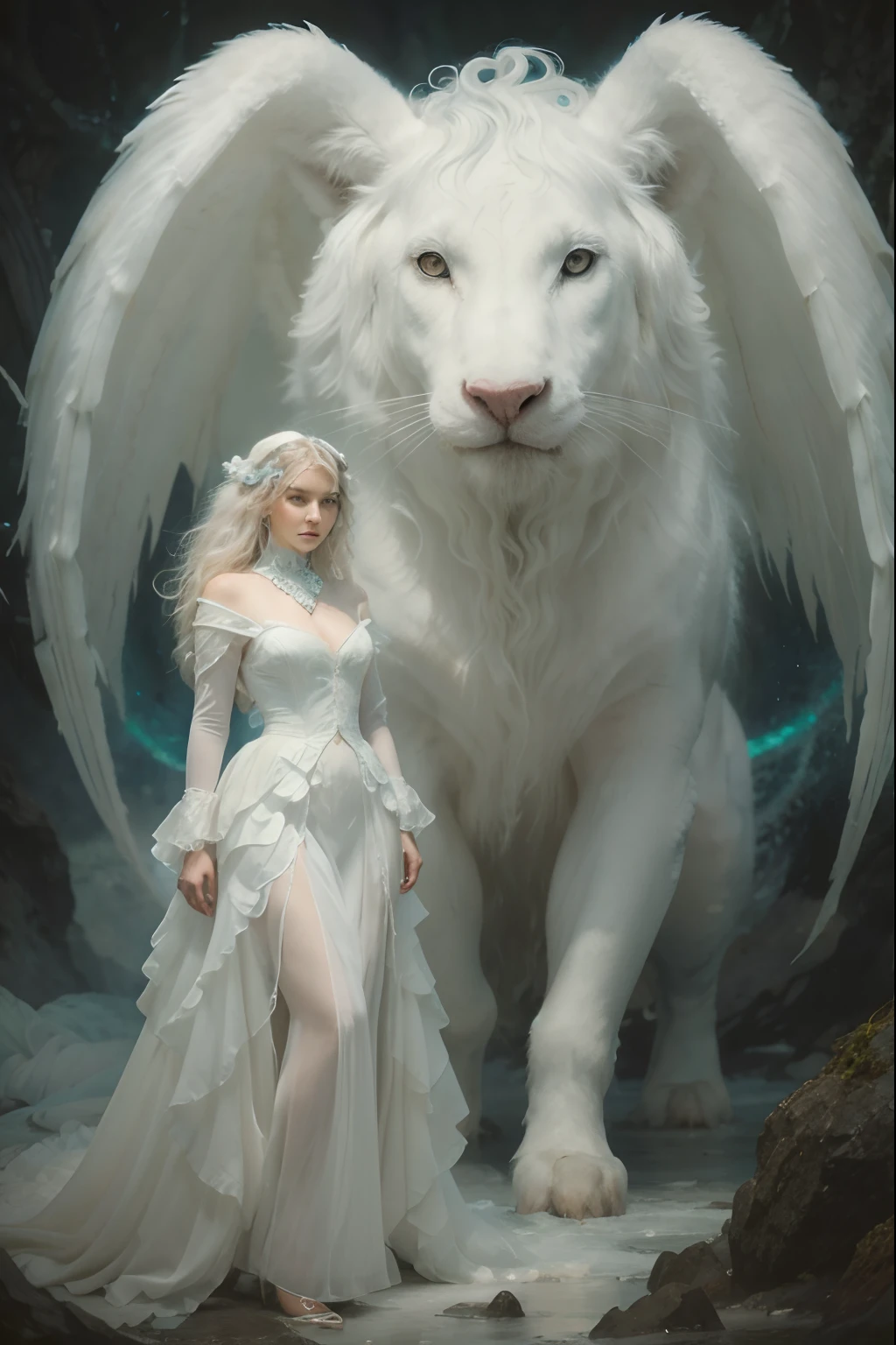 A strikingly mystical creature, blue ice wavy curl hair reminiscent of a large, magical female monster, takes center stage in this vintagepunk artwork. The image, possibly a captivating painting or a carefully captured photograph, showcases an awe-inspiring big white creature with an ethereal aura. Its mottled shade of white encompasses a weathered yet mesmerizing appearance, emanating an air of enigmatic beauty. Every minute detail of this creature's otherworldly form, from its intricate scales to its flowing mane, is portrayed with exquisite quality, capturing the viewer's attention. This artistry exudes a sense of vintage charm while simultaneously evoking a futuristic essence, lending the image a unique and captivating appeal.
