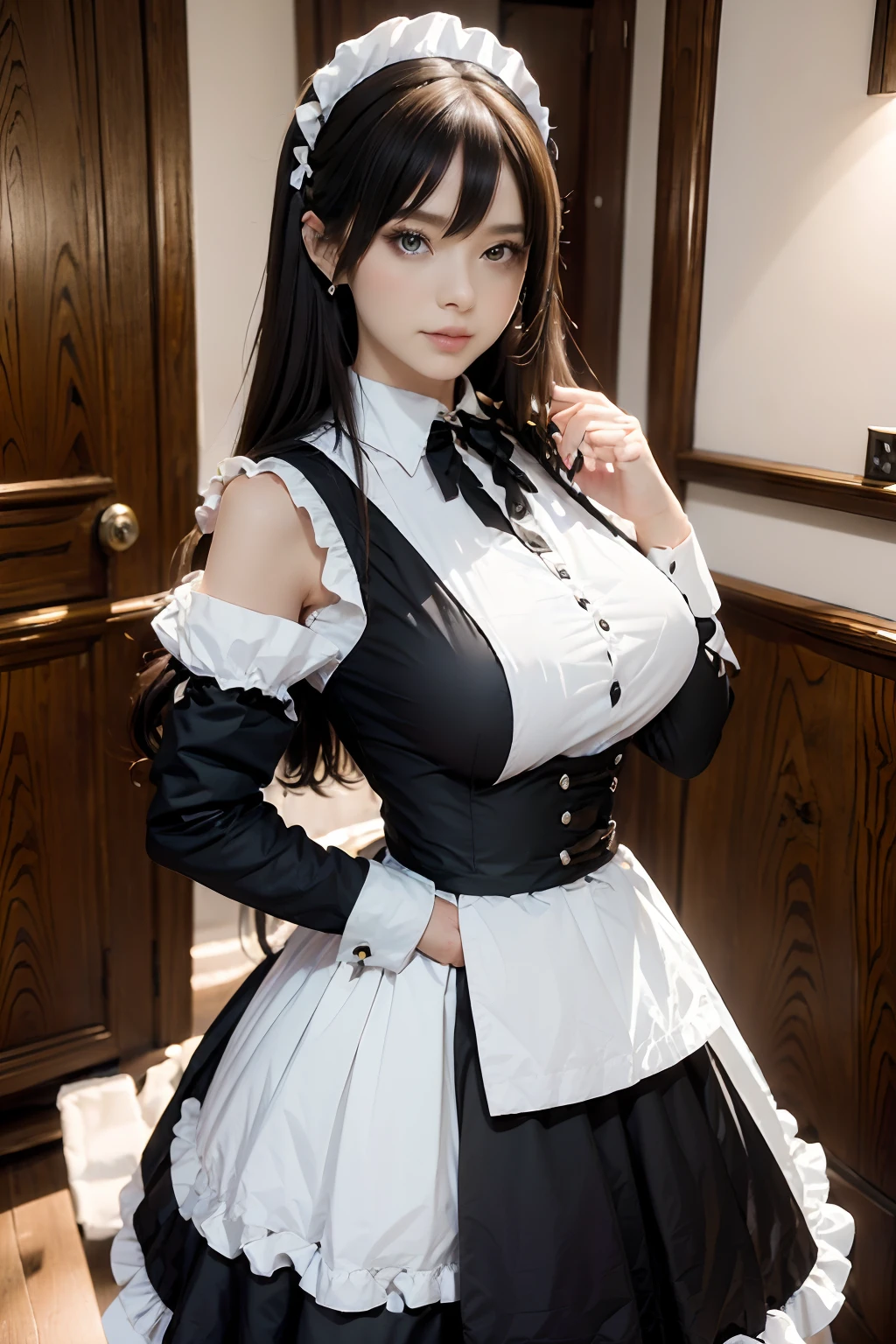 The woman, (European Citizenship: 1.2) In a black and white outfit posing for a photo, maiden! Dress, Anime Girl Cosplay, anime girl in a maid costume, The Magnificent Maiden, maid outfit, cosplay photo, cosplay, anime cosplay, A Few Cute Poses, (Face of the Goddess), (Elegant posture: 1.4), Elegant atmosphere, Noble atmosphere, (Milf: 1.6) (brown hair: 1.5), (golden eyes: 1.4), (maidservant: 1.4), (Black and White Maid Outfit: 1.1), (Incredible beauty, High facial detail: 1.3),