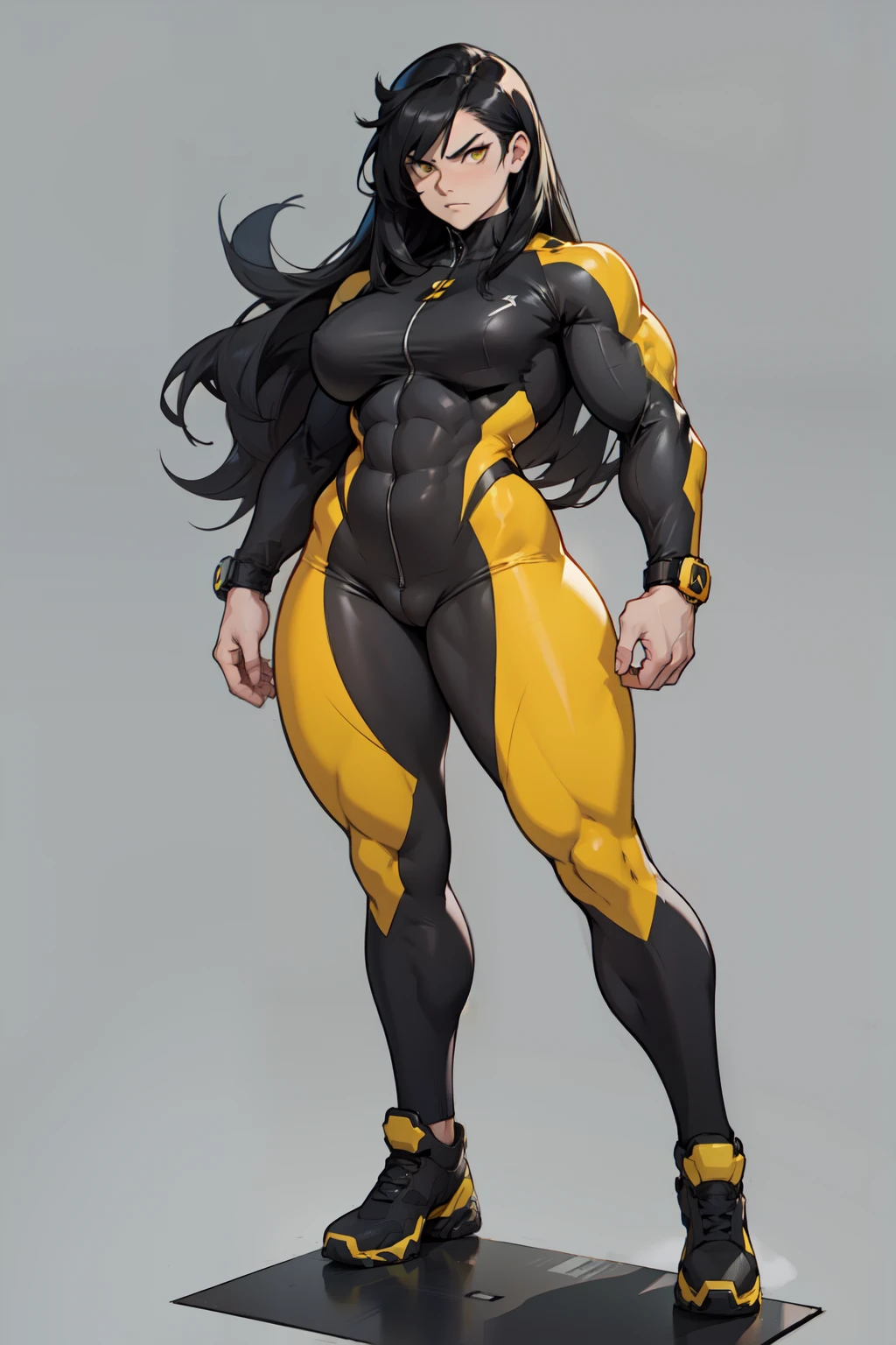 ((grey background)) 1 girl pale skin black hair yellow eyes very long hair angry muscular toned body bodybuilder curvy wide hips thick thighs (full body solo) standing bodysuit
