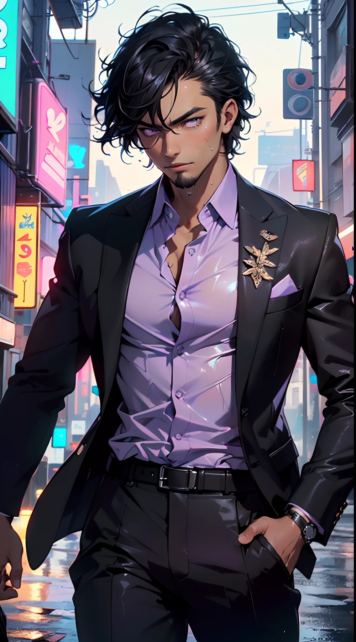 man:1.5,1 man,businessman man,(((1man))),((man with black short hair)),
(((1male,man:1.5,handsome man,male,male gender:1.5,male focus))),macho man,hero,
((messy hair,black short haircut,detailed black hair,highly detailed hair,black hair,colored inner hair)),(((lustrous skin:1.5,tanned skin,bright skin: 1.5,skin tanned,shiny skin,very shiny skin,shiny body,illuminated skin))),(((purple_eyes:1.2))),intricate eyes,beautiful detailed eyes,symmetrical eyes,((man chest)),handsome face,((muscular)),male jaw,((very short beard)),(((detailed face))),
manly,nsfw,
cyberpunk businessman, ((Business suit:1.5)), futuristic businessman,((bulge in pants)),((bold color suit:1.2)),((wet clothes,intricate outfit,intricate clothes,intricate suit)),
(dynamic pose:1.0),solo focus,((smug)),(centered,scale to fit dimensions,Rule of thirds),
cyberpunk city by the ocean at night, with bright neon signs and dark stormy clouds and puddles, scenery:1.25,
highres, sharp focus, (ultra detailed, extremely detailed), (photorealistic artwork:1.37),(extremely detailed CG unity 8k wallpaper),((synthwave background theme)),(((vibrant colors))),(intricate background),(masterpiece),(best quality),