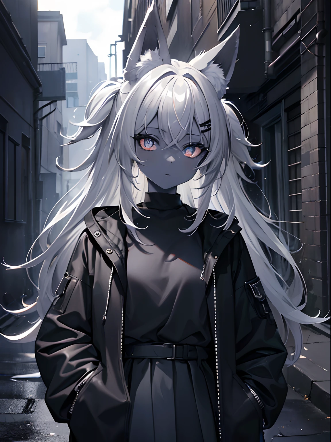 (masterpiece,best quality,ultra-detailed),1girl,orange hair,messy hair, black shirt,black jacket,(fox ears),beautiful eyes,(colored skin, grey-blue skin),in a alleyway,(grey theme),(pastel colors theme)