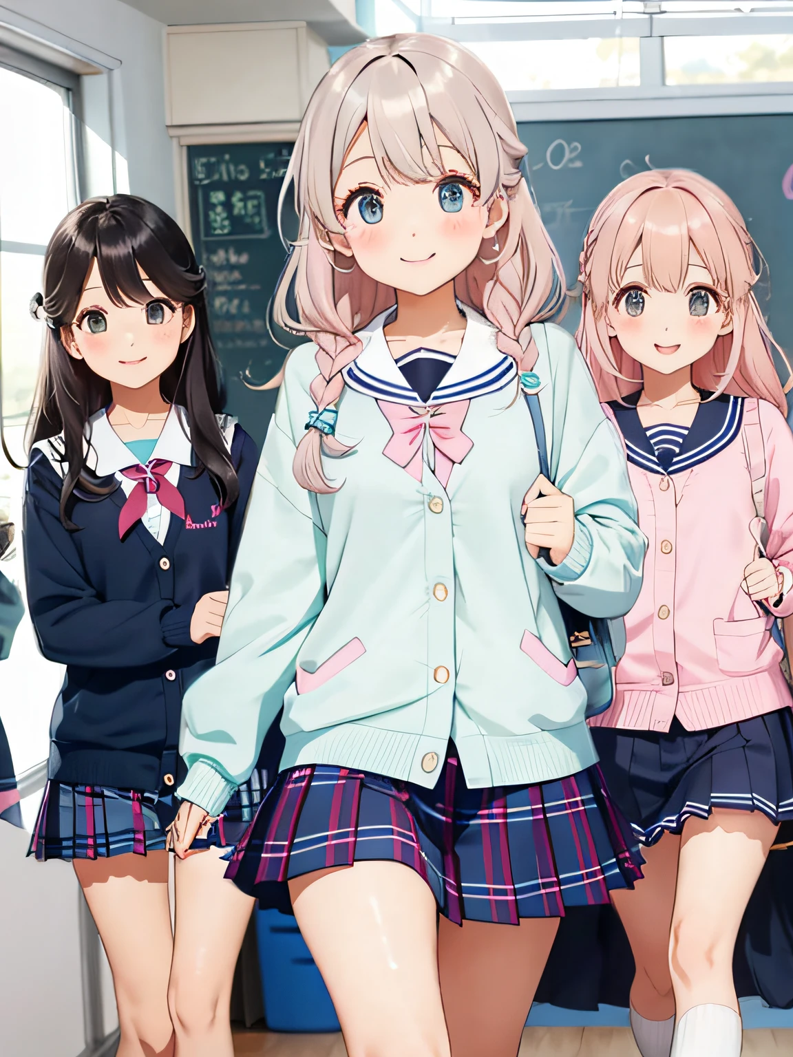 hightquality、Three Beautiful Girls、Coming to school、kawaii hair style、Cute hair colors、Cute colored sailor suit、white sailor collar、Cute plaid pleated skirt、Cute colored school cardigan、 Dancing with a smile、panthyhose、pantie shot