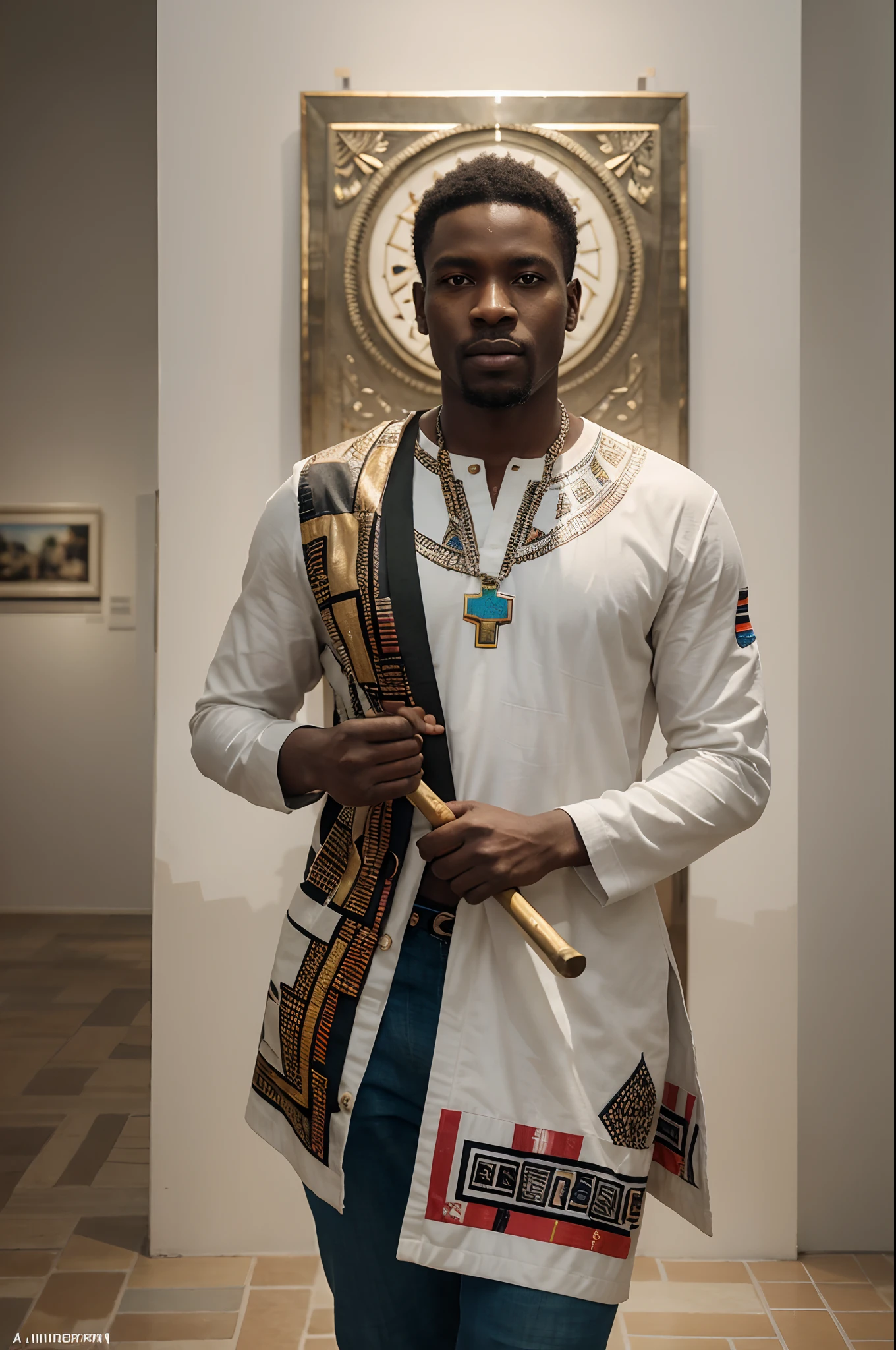 African man holding a shield and spear, dressed in African designed clothes, standing in museum full of QR code sculptures, white scene and white background with a mix of different colours, QR code wallpapers and tiles and art work all over the room, light shining with iridescent light, 32k, ultra HD, unreal engine rendered, cinematic lighting, artgerm style,