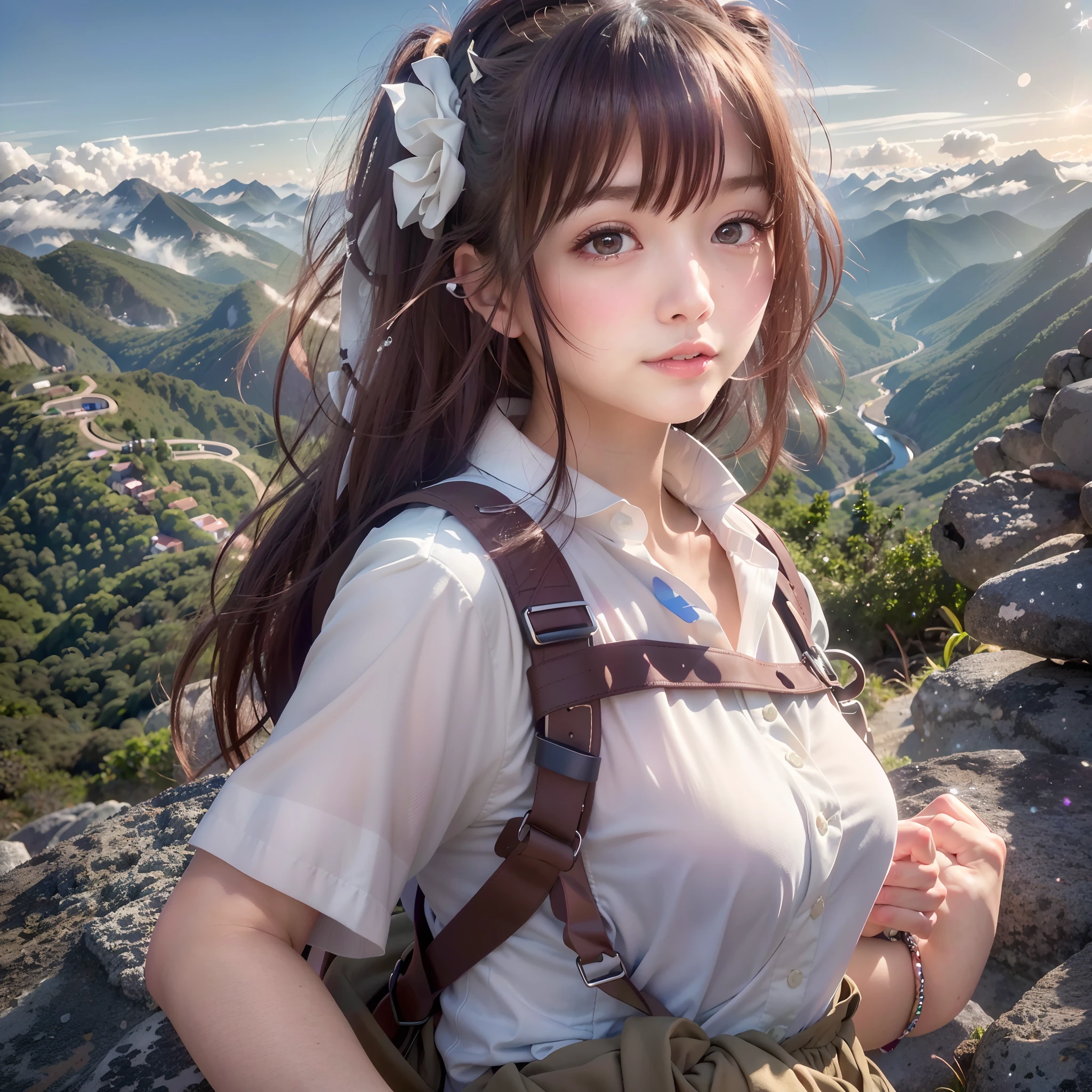 (Photos of natural landscapes), (Best Quality), Masterpiece:1.2, The ultra-Highres, Photorealistic:1.4, Raw foto, (Magnificent mountains, Sea of Clouds(Sea of Clouds)(Sea of Clouds(Sea of Clouds))), (On very high mountain peaks), (sunset), (Wide-angle shooting), (cleavage display:0.8),
(1Girl), (Photo on the lap:1.3), (18 years-old), (Smile:0.9), (sparkly skin), (Semi-long hair, Dark-brown hair),
(Loose white shirt, Trekking shorts), (Carrying a large backpack),
(Ultra detail face), (Ultra Beautiful Maid), (ultra detailed eyes), (extremely detailed nose), (highly detail mouth), (Very delicate arms), (ultra-detailed body), Fan Focus, Looking at the audience
