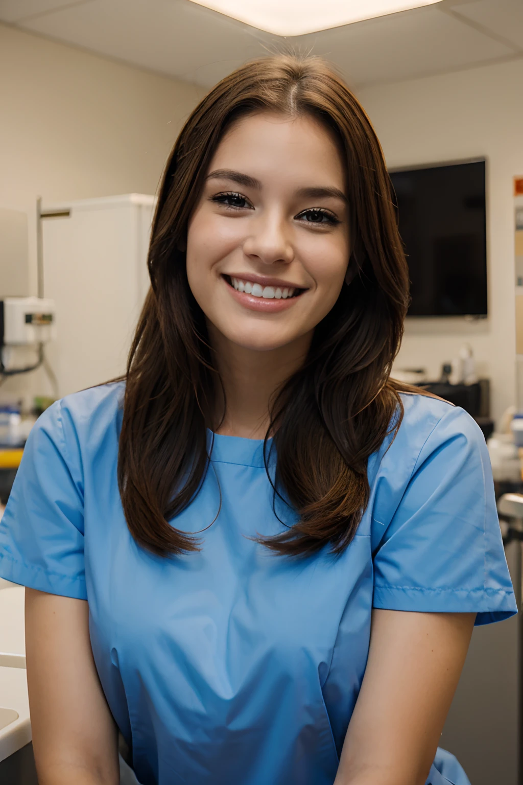 a single beautiful female veterinary technician, smiling