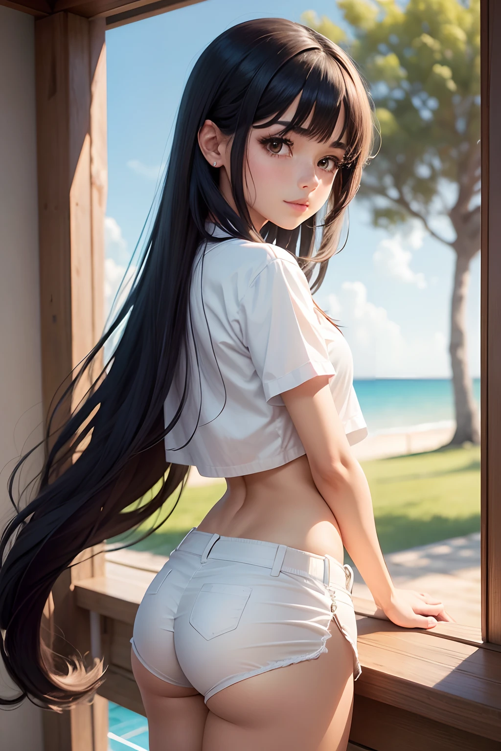 18 year old beautiful girl, ojos grandes, senos grandes, delgada, Small, 8k, calidad superior, (Cabeza muy detallada: 1.0), (cara muy detallada: 1.0), (cabello muy DetallaDo: 1.0), Arte oficial muy detallado, Estilo de arte Anime Moe, Arte de anime limpio y detallado, They are smiling, cabello negro, cabello largo y liso, pecho desnudo, Ushiwakamaru, caderas grandes, perfecto, small waist, vista de espaldas, small ass, Bragas blancas, sentada de rodillas, de espaldas, schoolwear, tetas apretadas, camisa blanca, camisa ajustada, shorts apretados