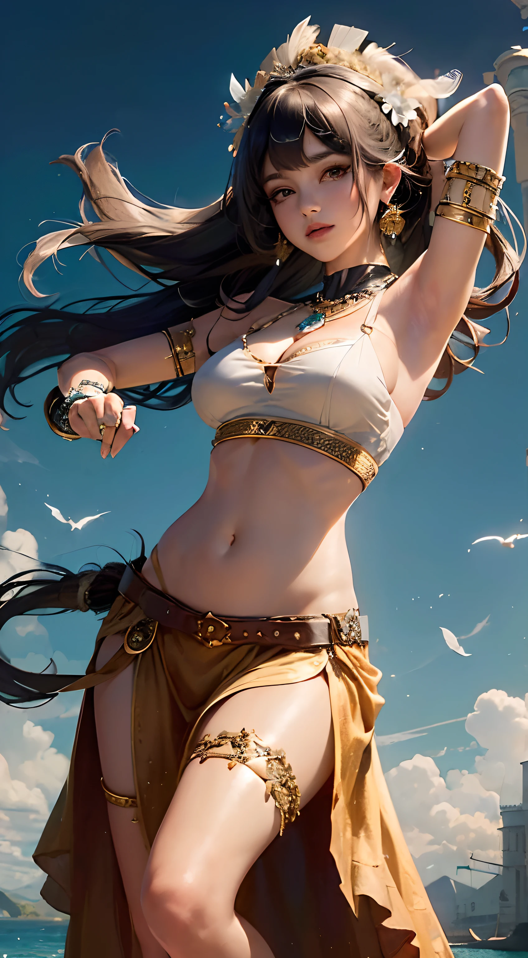 ((The beauty of dance poses, Luxurious leather poncho,Embroidered with delicate embroidery, Flowing tulle, feathers hair ornament, ultra long hair, ponytail, War cap, Indian jewelry, Clear and long color on the arm, Belly button ribbon, bshoulders, coll, arm belt, wreath, bangle, Anklets, Metal chain tassel at waist, Helios background, water ink, The popular CGSTATION, Masterpiece, Recent quality, high-resolution details, 32K), (((very large breasts, large cleavage)))