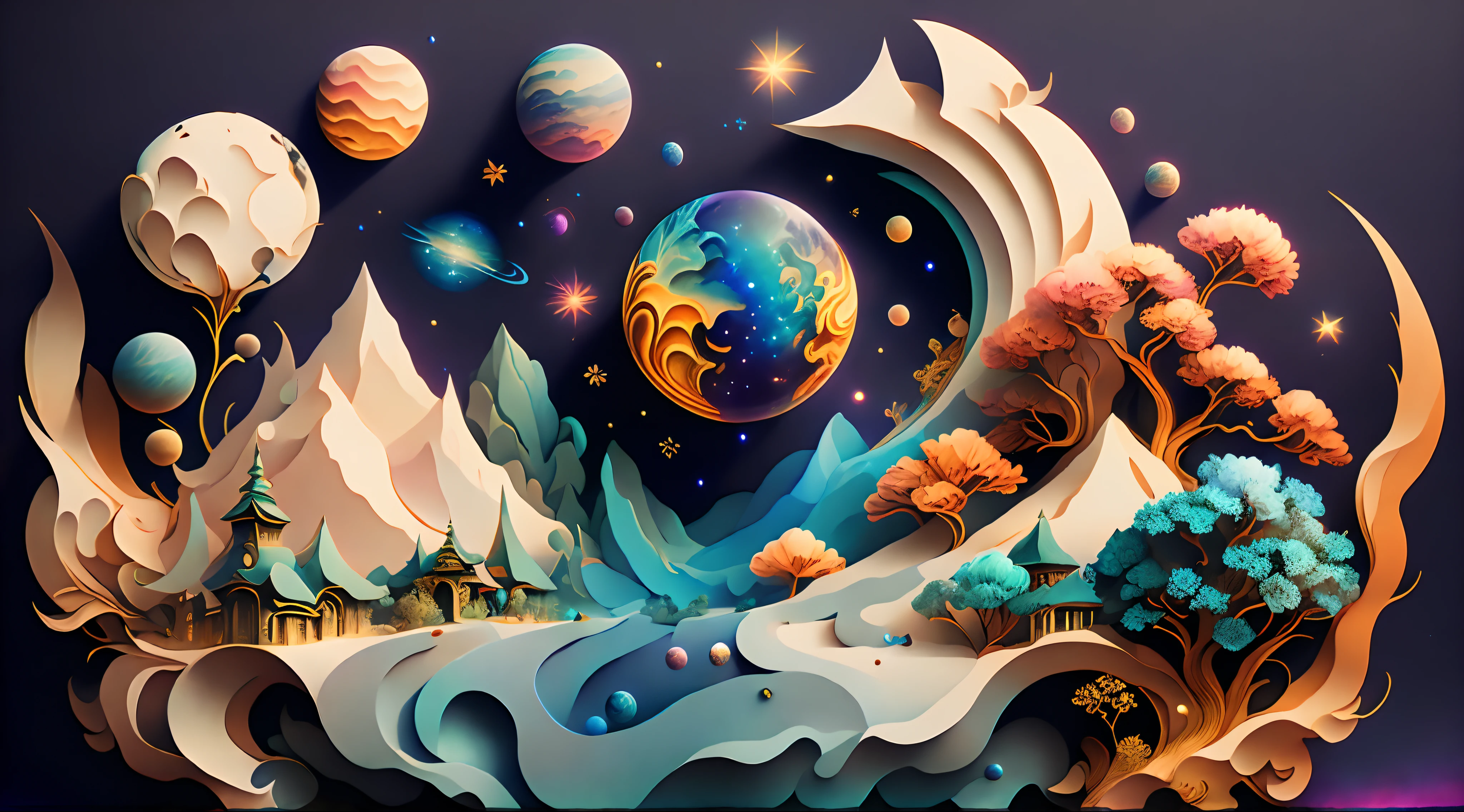 there is a digital art of a planet in the sky, 4k highly detailed digital art, intricate 3 d illustration, a beautiful artwork illustration, psychedelic floral planets, in style of digital illustration, a surreal dream landscape, highly detailed illustration, surreal dream landscape, fantasy planet, detailed dreamscape, calm night. digital illustration, 4k detailed digital art, surreal space