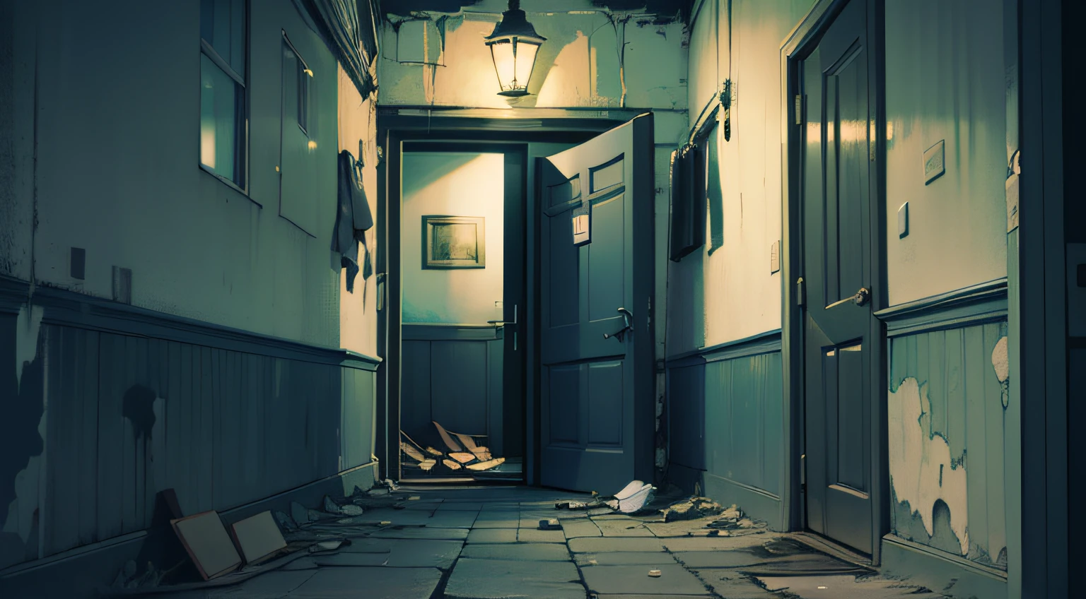 A door opens in a dark hallway，decrepit，Paint Off，dark blue tint