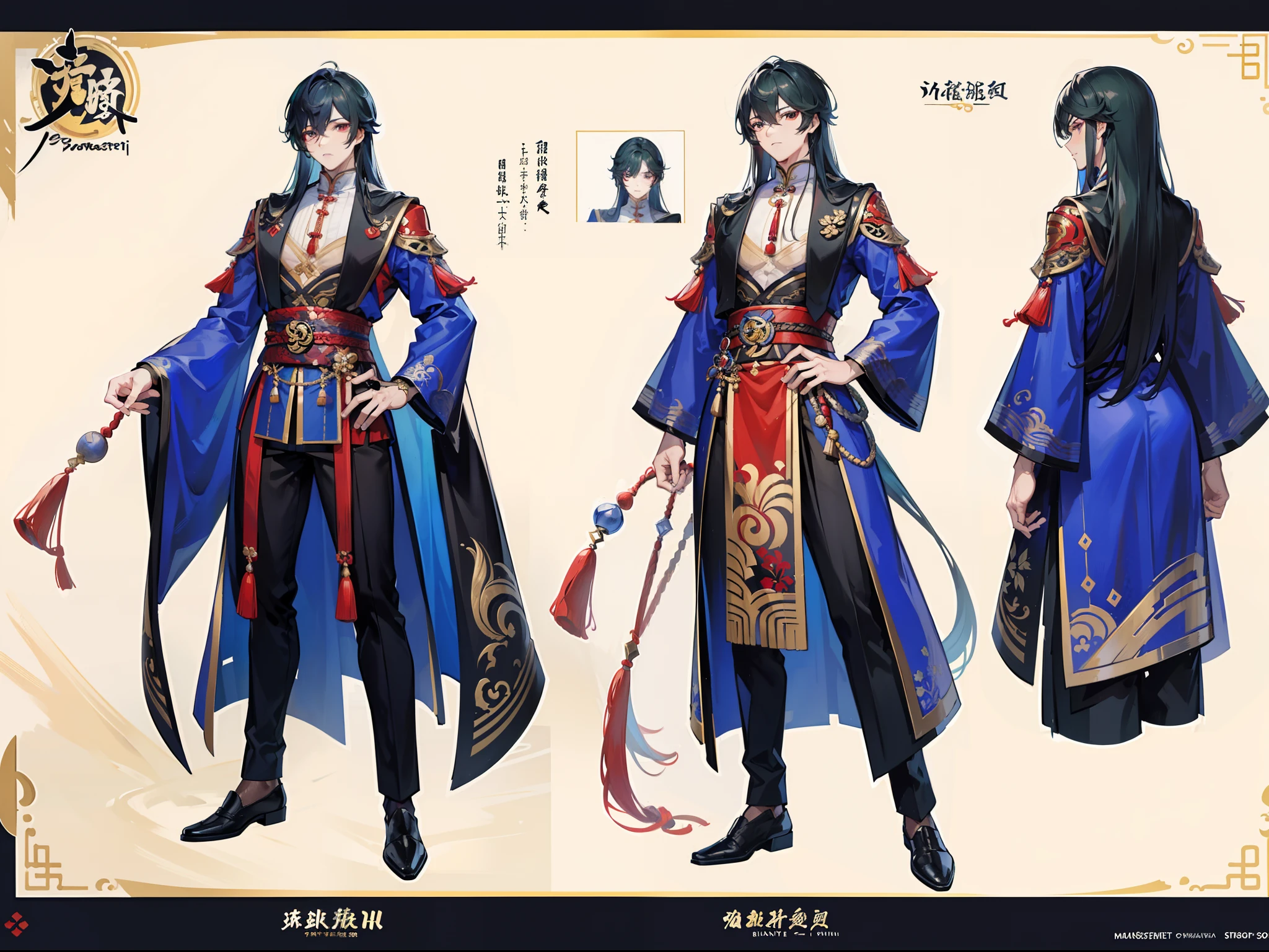 ((Masterpiece, Highest quality)), Male, boy, Detailed face, character design sheet, full bodyesbian, Full of details, frontal body view, back body view, Highly detailed, Depth, Many parts, Muscle boy with brunnete long hair,handsome man, Traditional chinese clothes, Genshin Impact, man tall