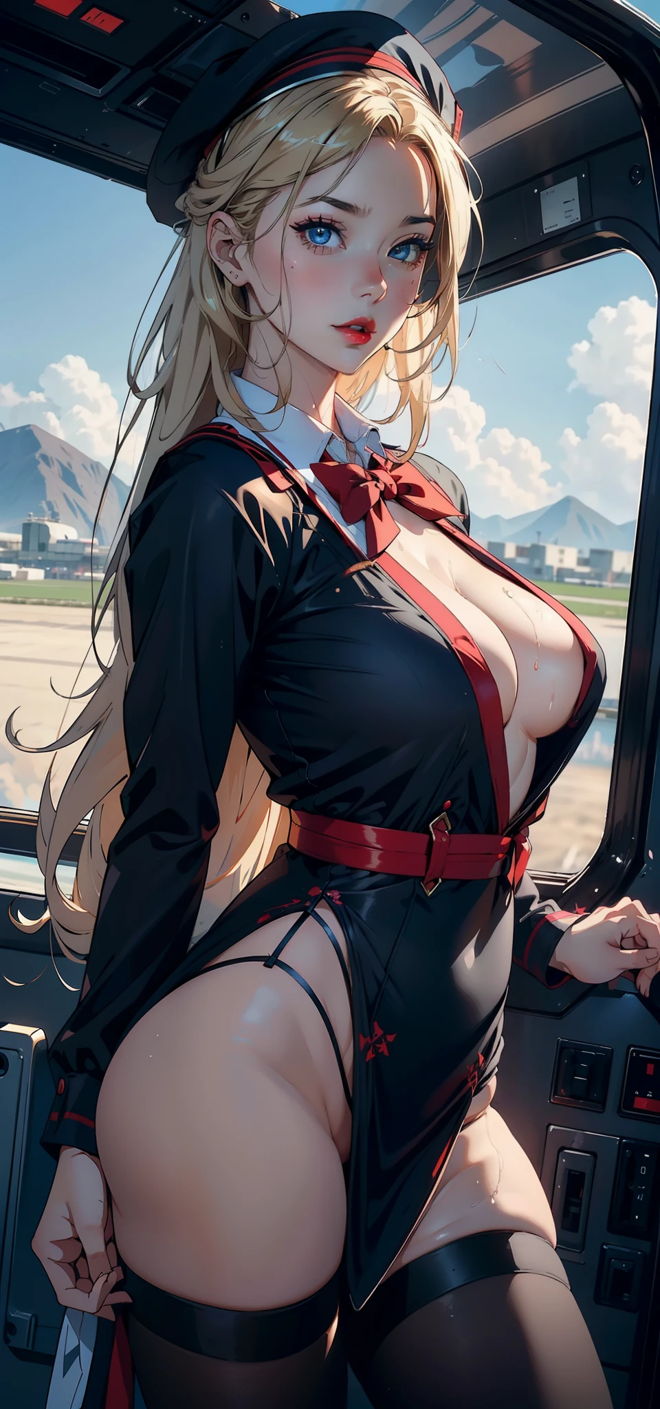 1womanl,33yo,熟妇,Bigchest,Raised sexy,Pornographic exposure, 独奏,Beauty contests,standing on your feet(Background with:aerodrome,snow mountains,Planes,at winter season,Blizzarding,Big snowflakes)in an airplane, She has long blonde hair,Long hair flutters in the wind,Redlip,Black girl,dynamicposes,Sweat profusely,drenched all over the body,seen from the front, hair straight, mostly cloudy sky,(((tmasterpiece),(Very detailed CG unity 8K wallpaper),best qualtiy,cinmatic lighting,detailed back ground,beatiful detailed eyes,Bright pupils,(Very fine and beautiful),(Beautiful and detailed eye description),Blue eyes,Redlip,ultra - detailed,tmasterpiece,)),facing at camera,(The upper part of the body),A high resolution,ultra - detailed),revealing breasts,Bare genitalia, Bulge,legs are open,sexyposture,Camel toes,Flushed complexion,Open-mouthed,frontage,stewardess,Sailor's cap(Wearing:Red transparent flight attendant shirt,Large colored bow tie,Sexy black miniskirt,Gold wire embroidery,Black jumpsuits,Bare breasts)