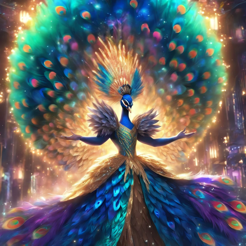 celestial male drag queen,peacock style massive dress,vivid colors,beautiful detailed eyes,beautiful detailed lips,exotic makeup,glittering feathers,sparkling accessories,colorful headpiece,high heels,stunning presence,dramatic lighting,studio photography,ultra-detailed,realistic