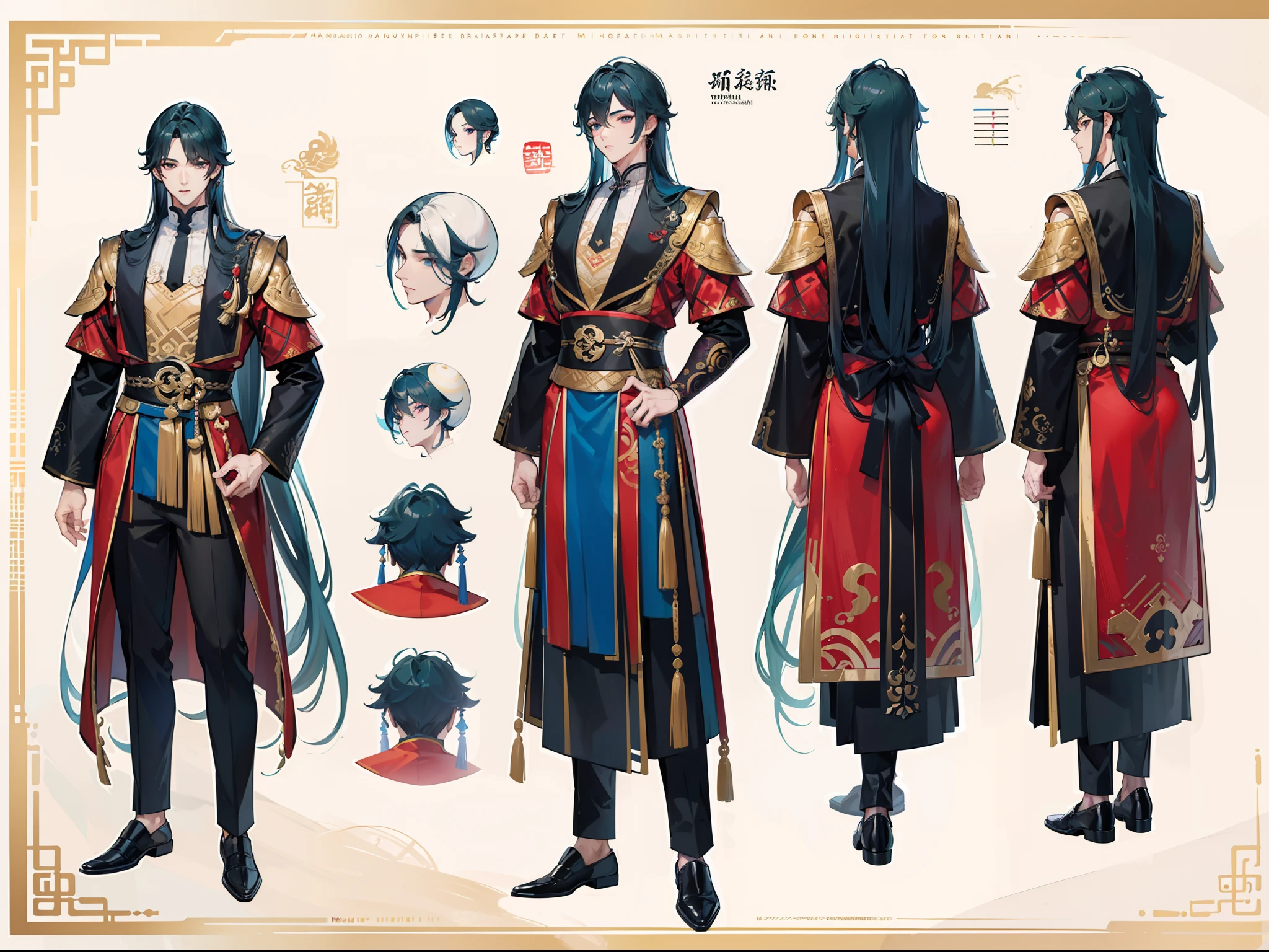 ((Masterpiece, Highest quality)), Male, boy, Detailed face, character design sheet， full bodyesbian, Full of details, frontal body view, back body view, Highly detailed, Depth, Many parts, Muscle boy with brunnete long hair，handsome man, Traditional chinese clothes, Genshin Impact, man tall