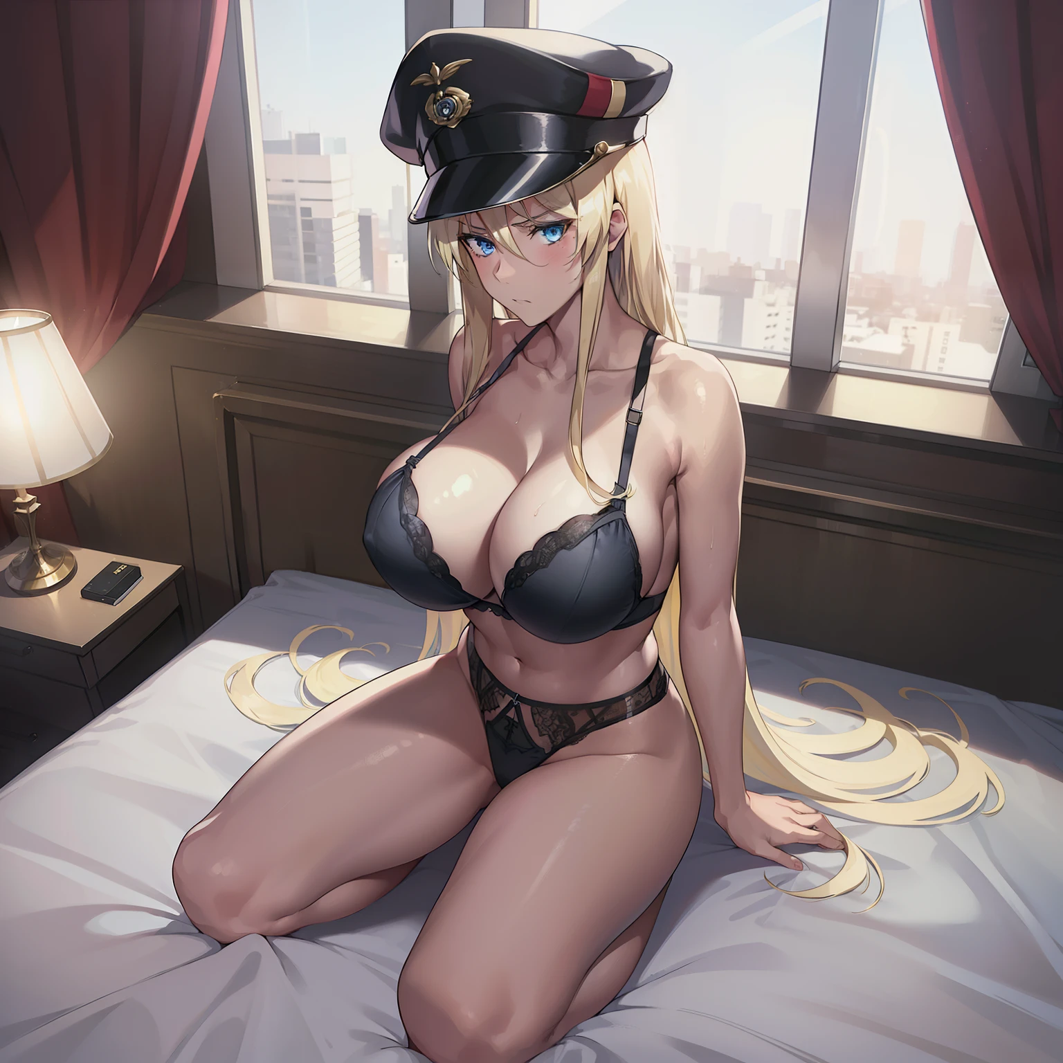 1girl,big breasts,hotel room,(8k),scratches,detailed face,blond hair,blue eyes,long hair,embarassed,shy,serious face, high_res, high_definition,sexy pose,black sexy lingerie,full body,military hat,