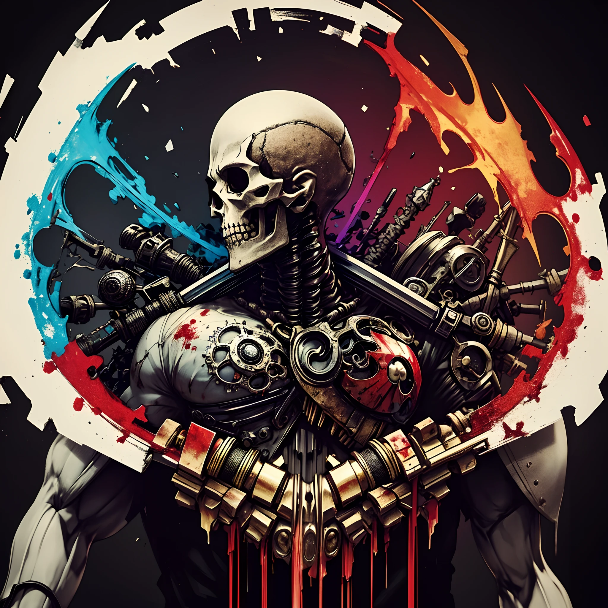 pixel sorted,Superhero skull,(Blood Art:1.2),Blood-stained battle flags,steampunc,Metal polished skeleton painting of man on black background,Various weapons surround the skull,Form different structures, breath-taking rendering, Magical rainbow elements,Splendid round rainbow combination,circular composition,Solo