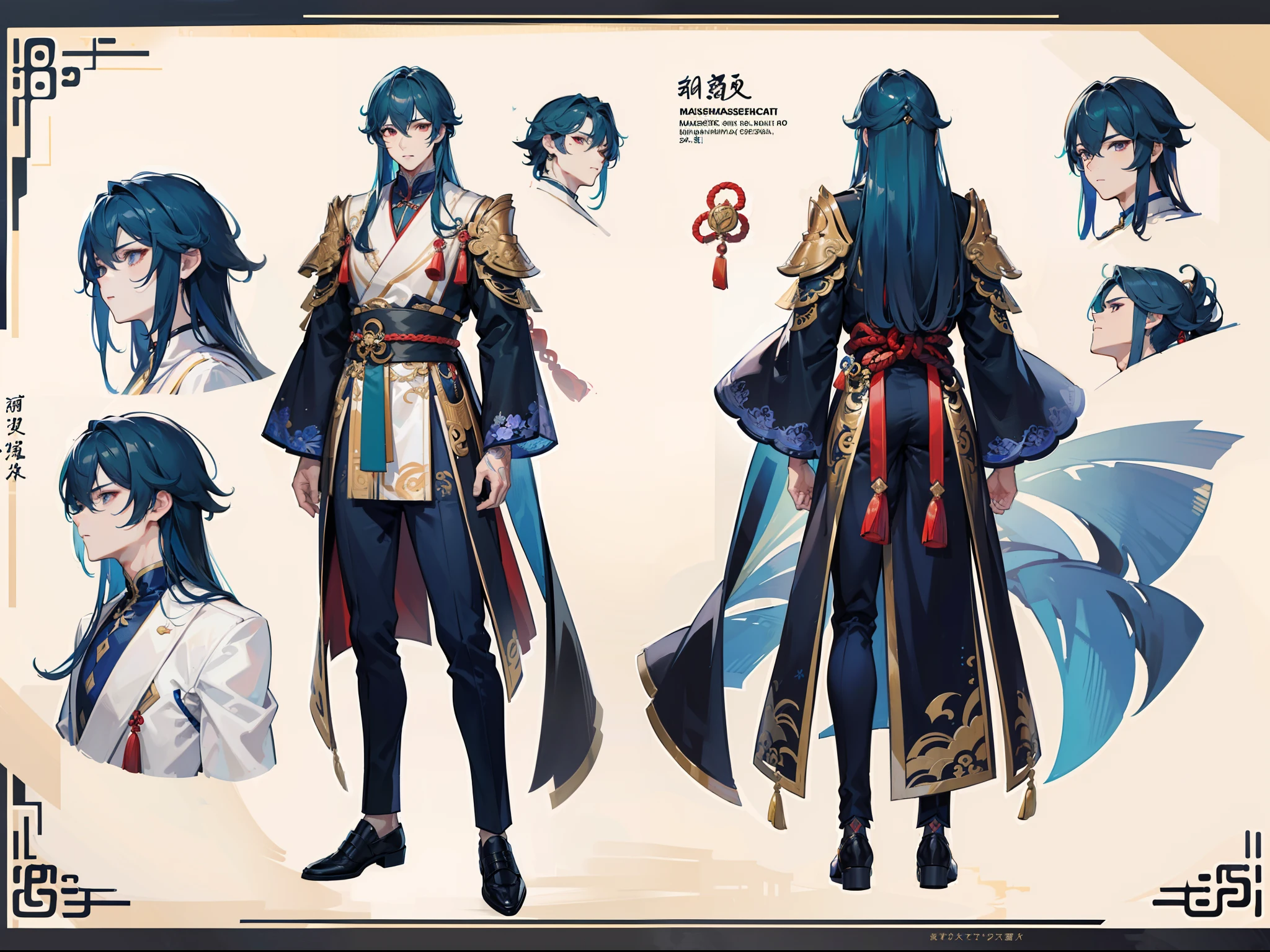 ((Masterpiece, Highest quality)), Male, boy, Detailed face, character design sheet, full bodyesbian, Full of details, frontal body view, back body view, Highly detailed, Depth, Many parts, Muscle boy with brunnete long hair,handsome man, Traditional chinese clothes, Genshin Impact, man tall