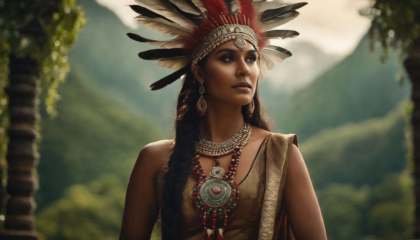 (((Indigenous)))best quality, ultra-high resolution, CG detalhado 4K, piece of master, Corte Divina, Judgment, Indigenous Deuses, mitologia, templo na floresta de diamantes verdes, Tree Palace, Roupas modernas indianas, bille, esthetic, Beautiful image, centralizado na tela