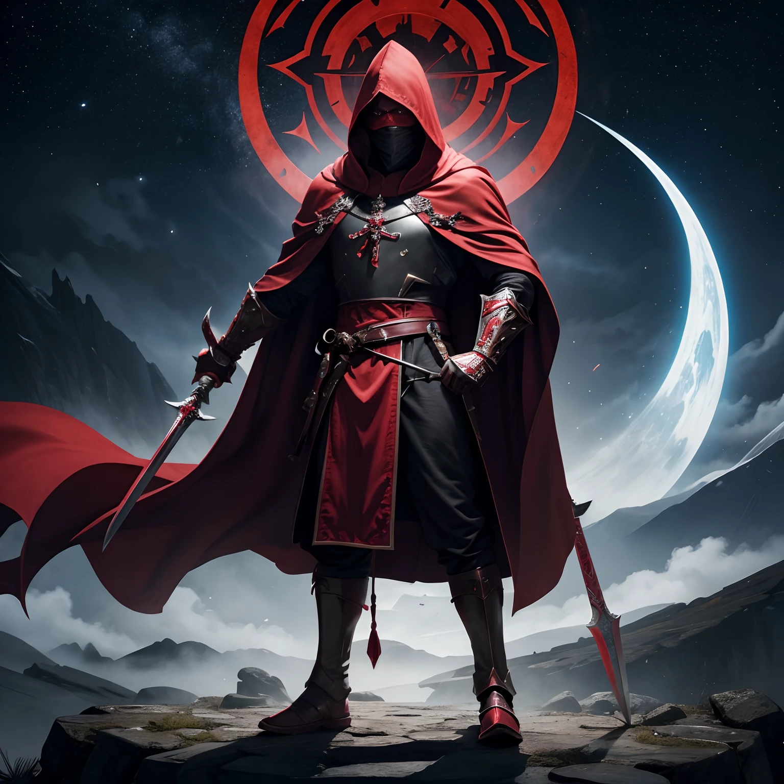 full body low angle shot of an intimidating male unarmored holy warrior with a large flowing red cloak with hood wearing a red and black clothes and wielding a two-handed greatsword standing on top of a castle tower on a starry night, man, ritualistic mask, long white cloak, shining white eyes, low angle, highly detailed, divine aspect
