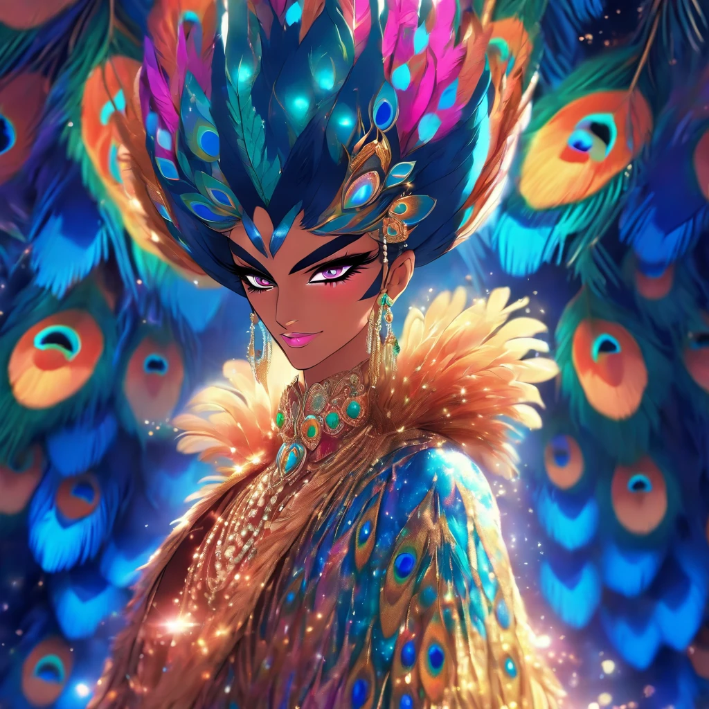 celestial male drag queen,peacock style massive dress,vivid colors,beautiful detailed eyes,beautiful detailed lips,exotic makeup,glittering feathers,sparkling accessories,colorful headpiece,high heels,stunning presence,dramatic lighting,studio photography,ultra-detailed,realistic