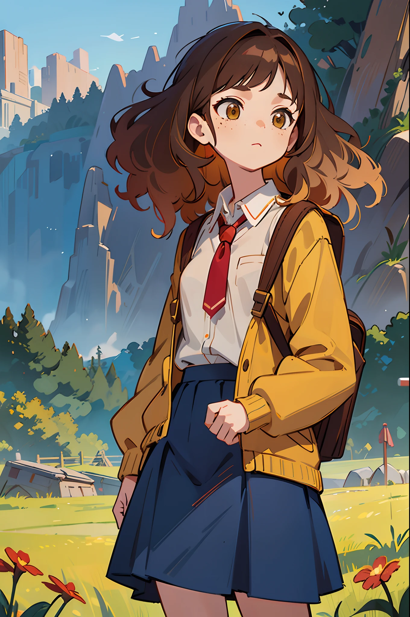 1girl, solo, character illustration, (chocolate colored skin:0.5), (brown hair, dark yellow hair, gradient hair:1.2), curly hair, messy hair, freckles, amber eyes, grown woman, small breasts, (red stripless shirt), gray cardigan, mini backpack, plain suit skirt, dark blue skirt, outdoors, mountain scenery, city behind, fields, dawn, beautfiful red skirt, masterpiece, illustration, trending on Artstation, colorful, very colorful