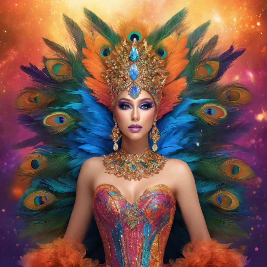 celestial male drag queen,peacock style massive dress,vivid colors,beautiful detailed eyes,beautiful detailed lips,exotic makeup,glittering feathers,sparkling accessories,colorful headpiece,high heels,stunning presence,dramatic lighting,studio photography,ultra-detailed,realistic