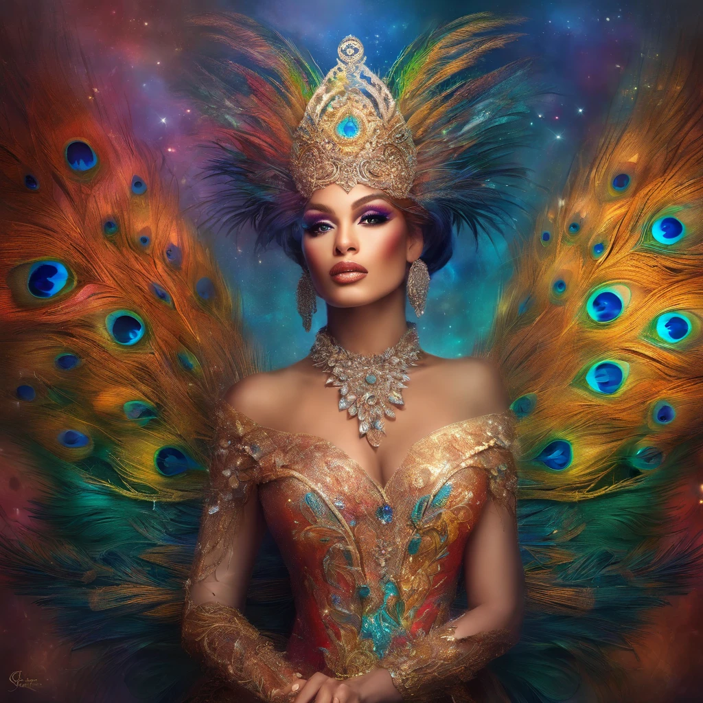 celestial male drag queen,peacock style massive dress,vivid colors,beautiful detailed eyes,beautiful detailed lips,exotic makeup,glittering feathers,sparkling accessories,colorful headpiece,high heels,stunning presence,dramatic lighting,studio photography,ultra-detailed,realistic