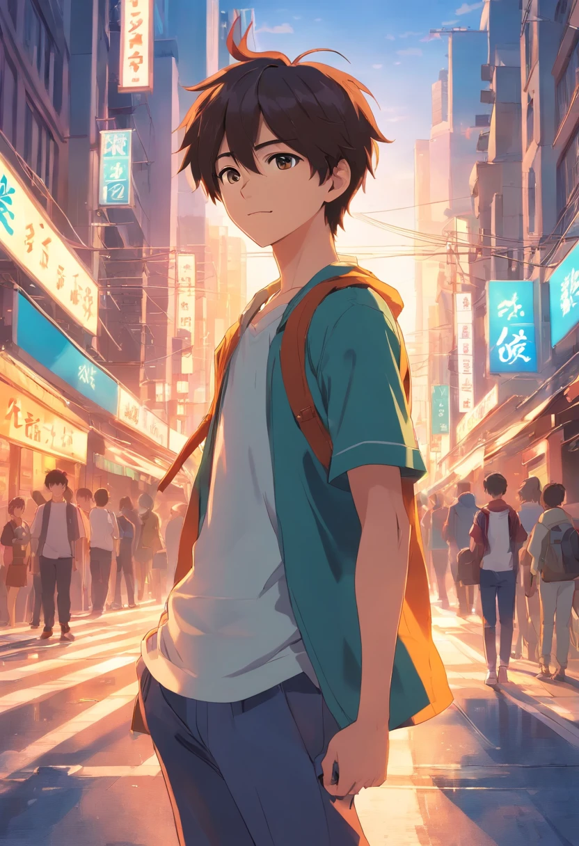 A boy, transformed into an anime style, with exaggerated unique facial features and clothing, standing on a bustling city street, backlit background highlighting the subject, high-contrast colors, 4K high-definition quality，young, smiling, handsome