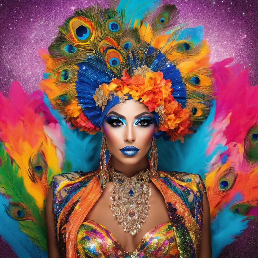 celestial male drag queen,peacock style massive dress,vivid colors,beautiful detailed eyes,beautiful detailed lips,exotic makeup,glittering feathers,sparkling accessories,colorful headpiece,high heels,stunning presence,dramatic lighting,studio photography,ultra-detailed,realistic