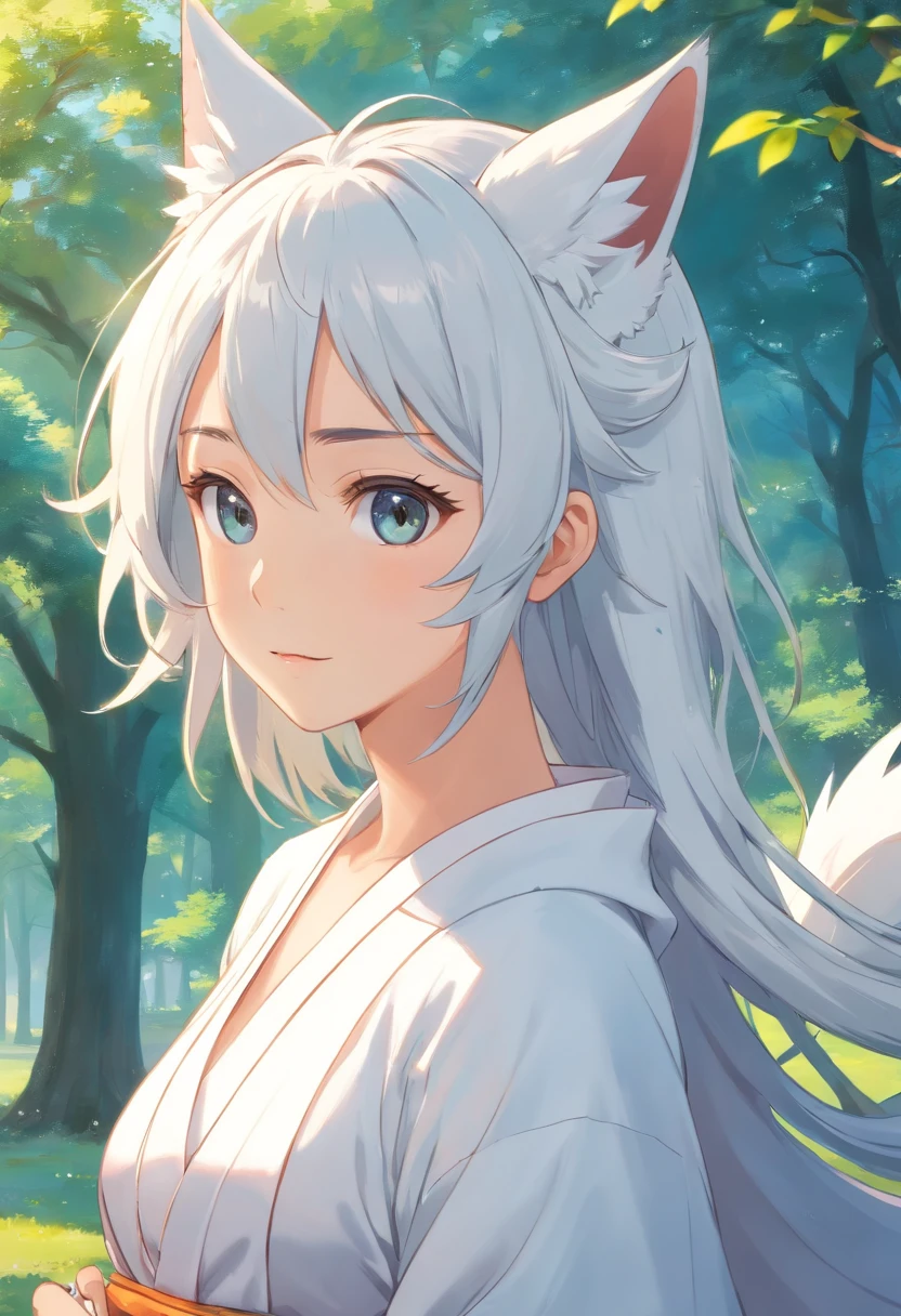 Close-up of a girl in a white dress, white-haired god,  flowing white robe,flowing magical robe, Nine tails, wearing a long flowing robe，Fox ears，fox demon，highly  detailed，（（tmasterpiece）），（Impasto），iintricate，church painting，（（（1个Giant Breast Girl））））Picture frame，fanciful，Exquisite steppe，sorceress woman，Shepherds have gray hair，（Nice face），Beautiful detailed face，Extremely delicate and beautiful girl，Under a big tree，sunny clear sky，ventania，beautiful sky，cumulus cloud