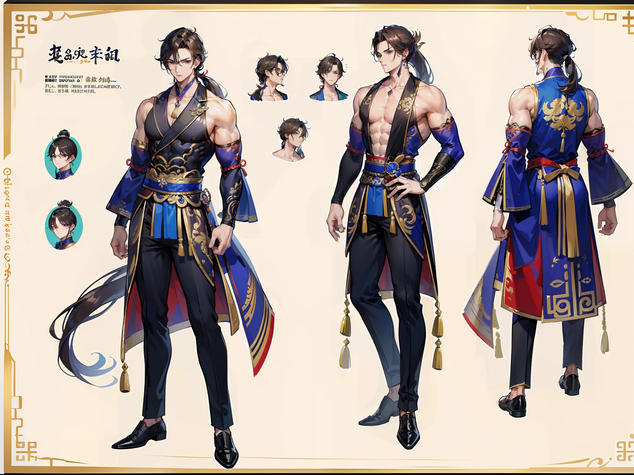 ((Masterpiece, Highest quality)), Male, boy, Detailed face, character design sheet， full bodyesbian, Full of details, frontal body view, back body view, Highly detailed, Depth, Many parts, Muscle boy with ponytail long brunette hair，handsome man, muscle body, Traditional chinese clothes, Genshin Impact, man tall, pectoral muscles, abs