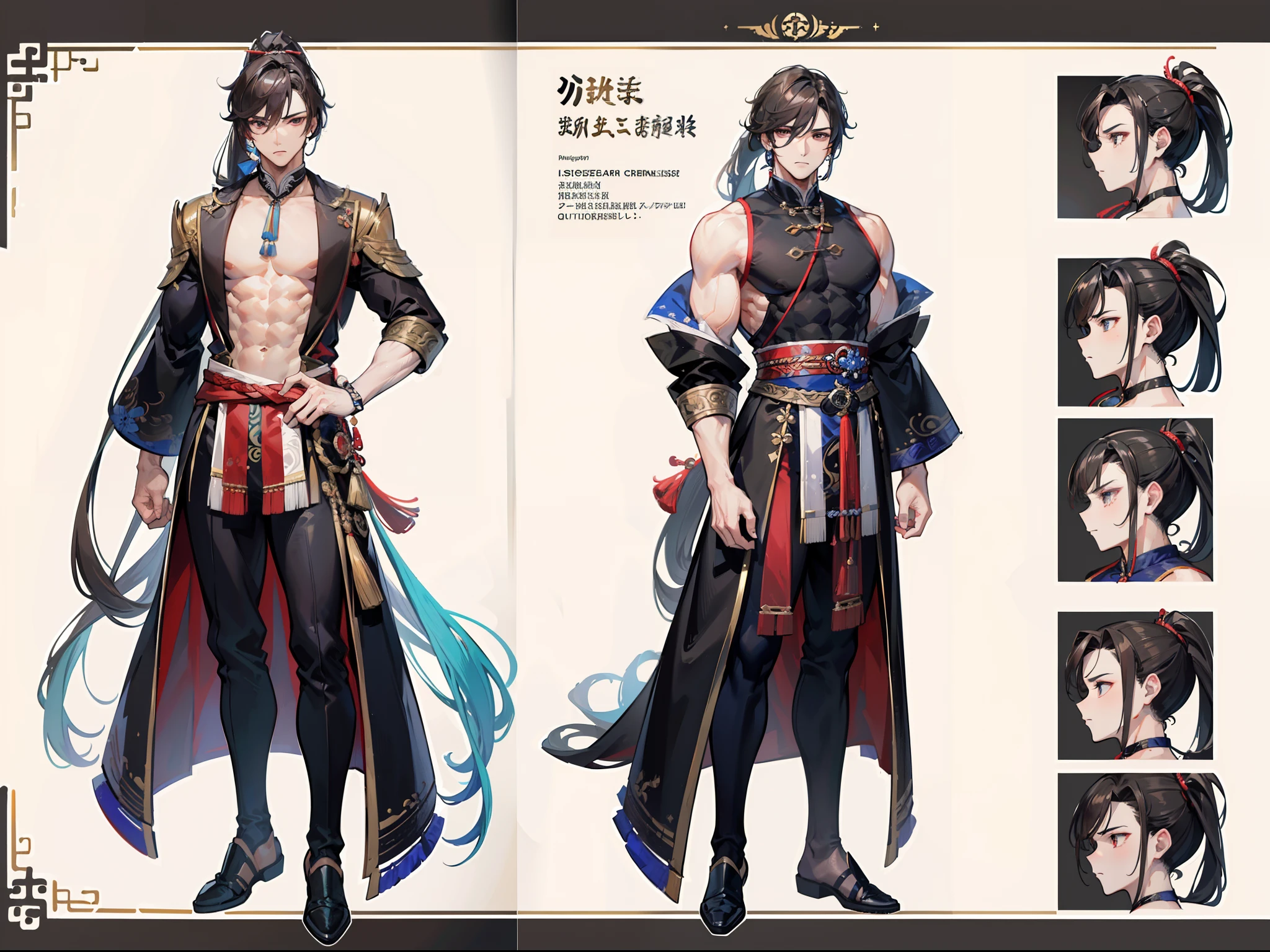 ((Masterpiece, Highest quality)), Male, boy, Detailed face, character design sheet, full bodyesbian, Full of details, frontal body view, back body view, Highly detailed, Depth, Many parts, Muscle boy with ponytail long brunette hair,handsome man, muscle body, Traditional chinese clothes, Genshin Impact, man tall, pectoral muscles, abs