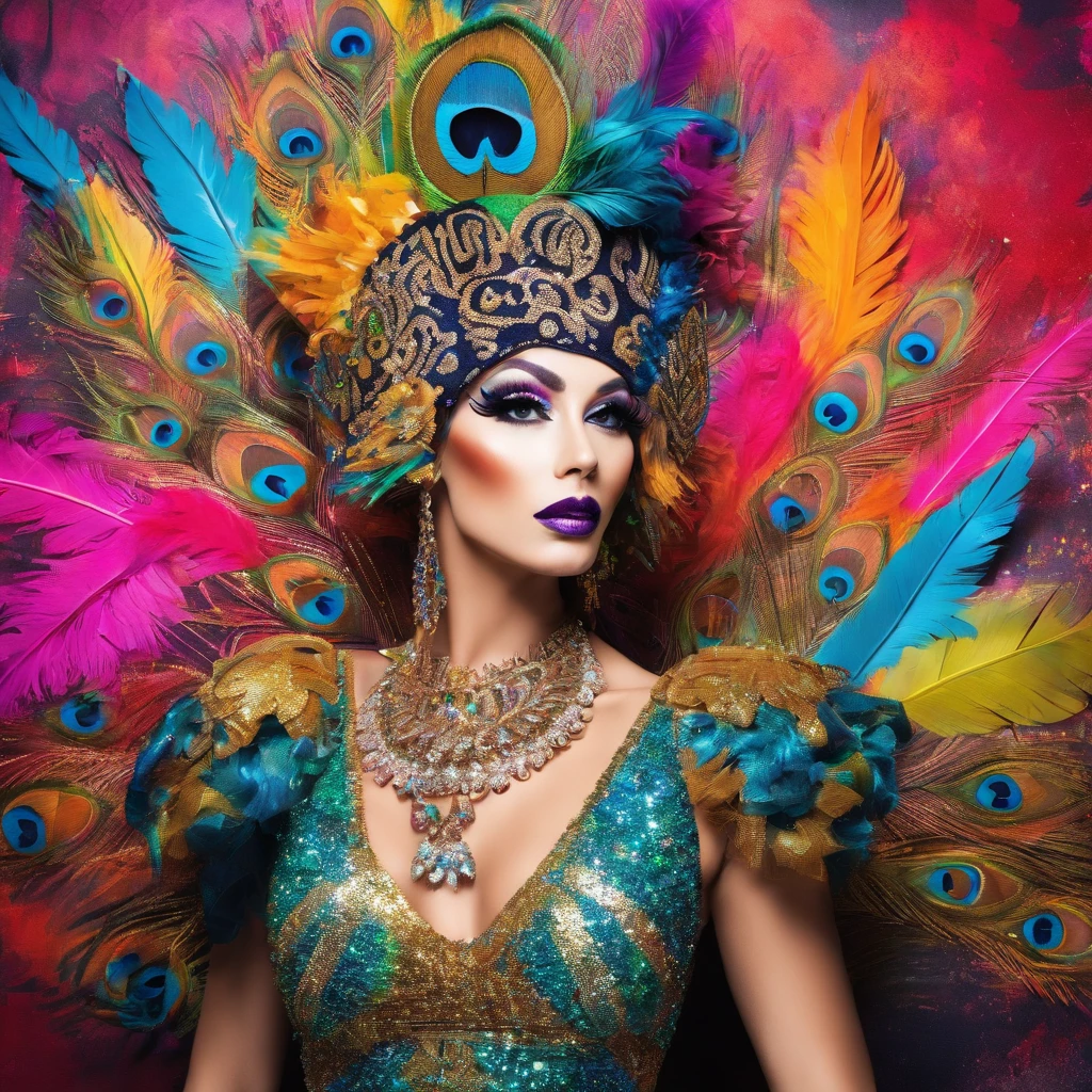 celestial male drag queen,peacock style massive dress,vivid colors,beautiful detailed eyes,beautiful detailed lips,exotic makeup,glittering feathers,sparkling accessories,colorful headpiece,high heels,stunning presence,dramatic lighting,studio photography,ultra-detailed,realistic