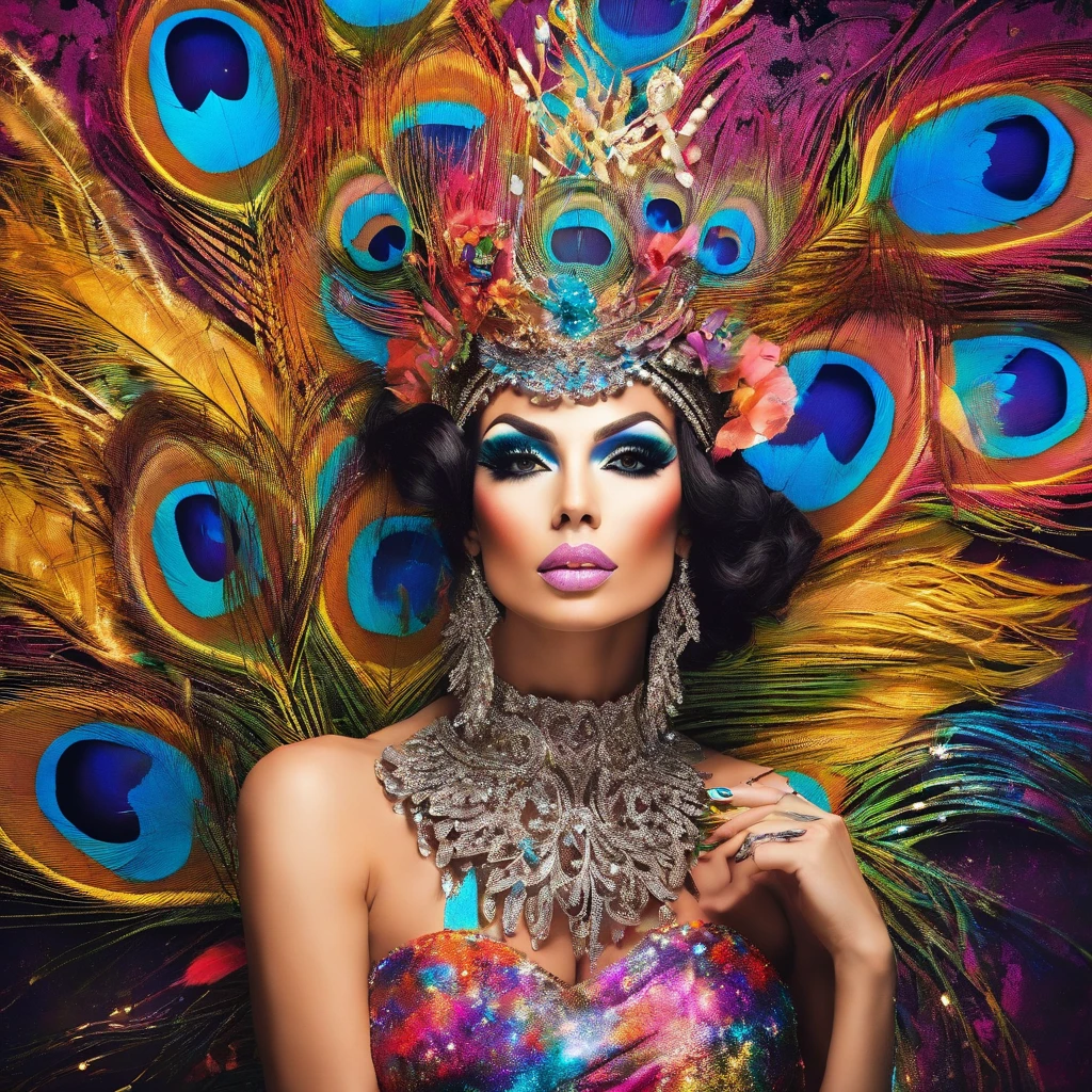 celestial male drag queen,peacock style massive dress,vivid colors,beautiful detailed eyes,beautiful detailed lips,exotic makeup,glittering feathers,sparkling accessories,colorful headpiece,high heels,stunning presence,dramatic lighting,studio photography,ultra-detailed,realistic