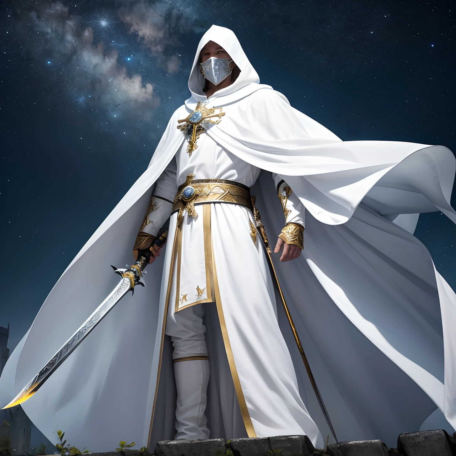 full body low angle shot of an intimidating male unarmored holy warrior with a large flowing white cloak with hood wearing a white and golden clothes and wielding a two-handed greatsword standing on top of a castle tower on a starry night, man, ritualistic mask, long white cloak, shining white eyes, low angle, highly detailed, divine aspect