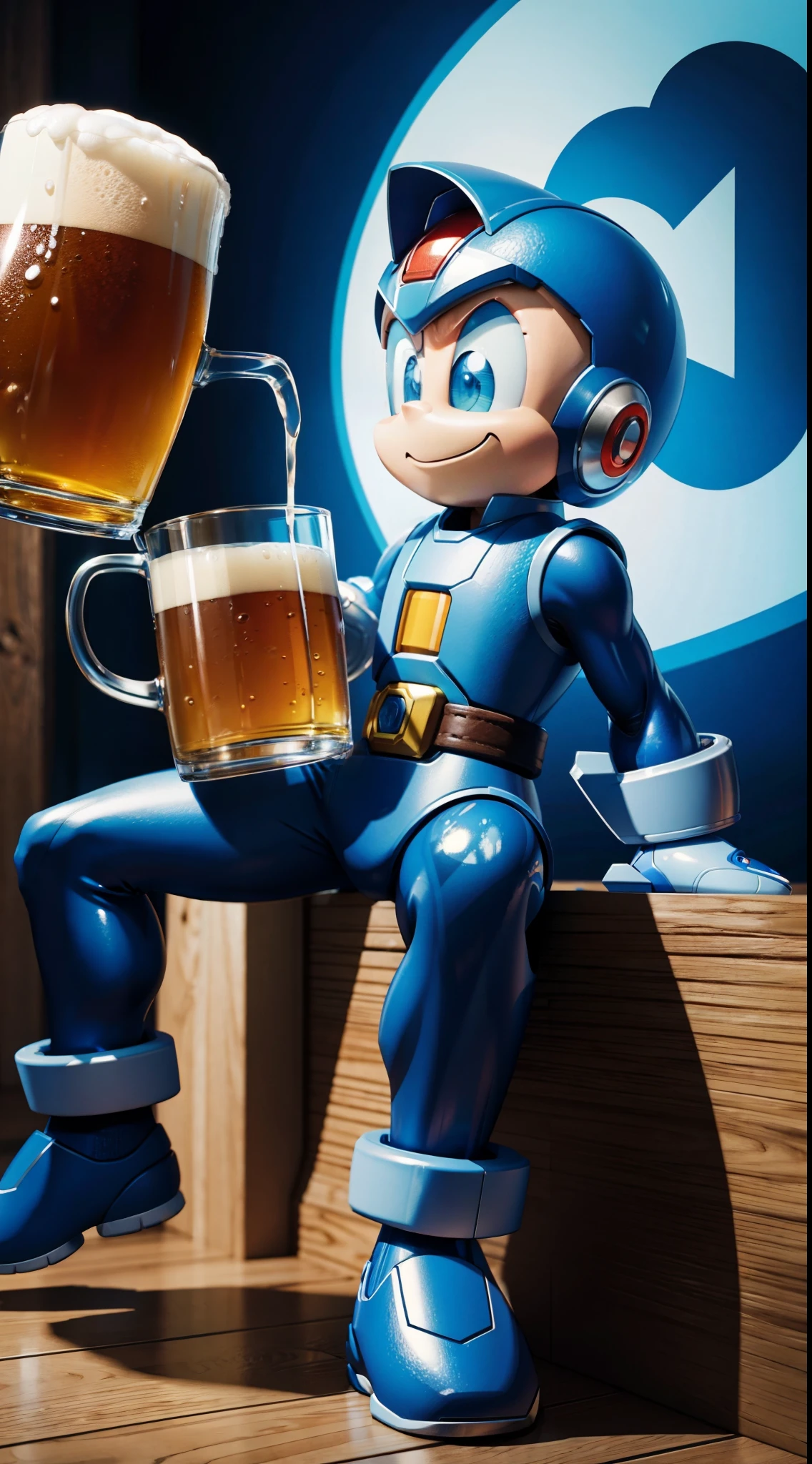 Mega Man drinking a mug of beer, identical to the cartoon, original style, original drawing, totally detailed, ultra high resolution, ultra high quality, 8K, ultra sharpness, ultra realistic, ultra detailed eyes, 3D, higly detailed, full body,