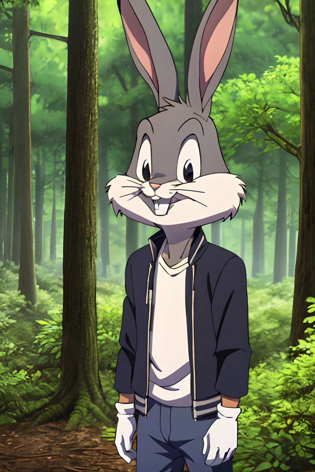 gloves, male, solo, bugs bunny, rabbit, buckteeth, forest, long ears, grey body, grey fur, white fur,furry,anime style, anime screencap, 2010s_\(style\), grin, forest, upper body, short-sleeved jacket with white lining,16k