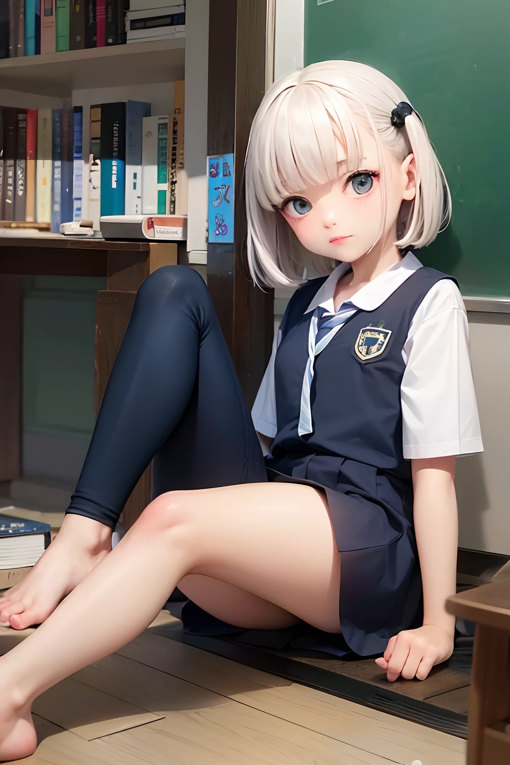 Uma jovem com uniforme escolar, com olhos roxos e cabelos pretos escuros, estava estudando seriamente.