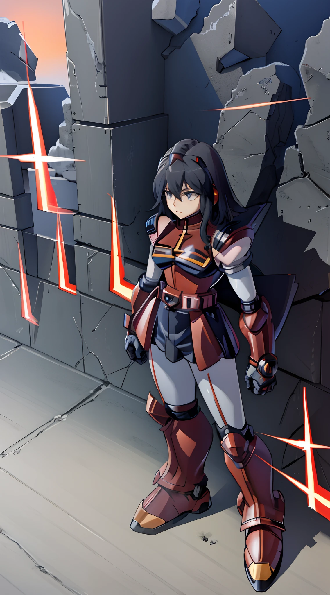 Masterpiece (best quality): Ryuko Matoi wearing a full suit of Megaman armor,Proto-Man armor, heavy armor gauntlets, heavy armor belt, heavy armor boots, facing camera, punk pose, robust armor, armored dress, wide red and black belt, Heavily armored, cybernetic heavy armor, arm gloves, knee-height skirt, heavy cybernetic boots, heavy cybernetic arms, heavy cybernetic torso, waist belt, megamanX heavy armor, bulky megamanX armor, reploid armor, Armored cone dress, Extremely Heavy body armor, large wide dress, Waitor Dress, Heavy Torso Armor, wearing headset, Protoman glasses, heavy armored glasses, hands on hips, punk pose, helmetless