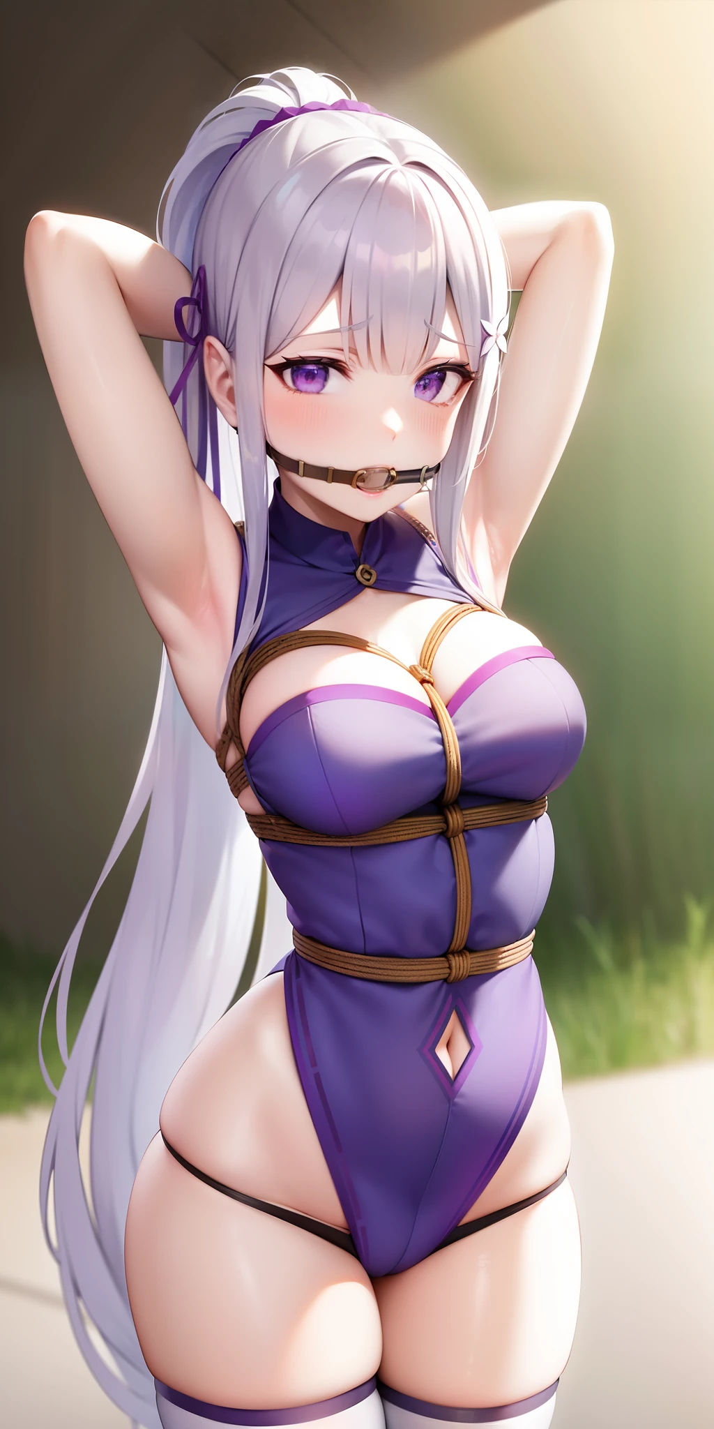 arms behind head, long_hair, looking_at_viewer, thighhighs, bow, bound, bdsm, bondage, rope, restrained, gag, shibari, bound_arms, ball_gag, shibari_over_clothes, Emilia re zero, white hair, purple eyes, x hair ornament, white rose in hair, sexy, medium