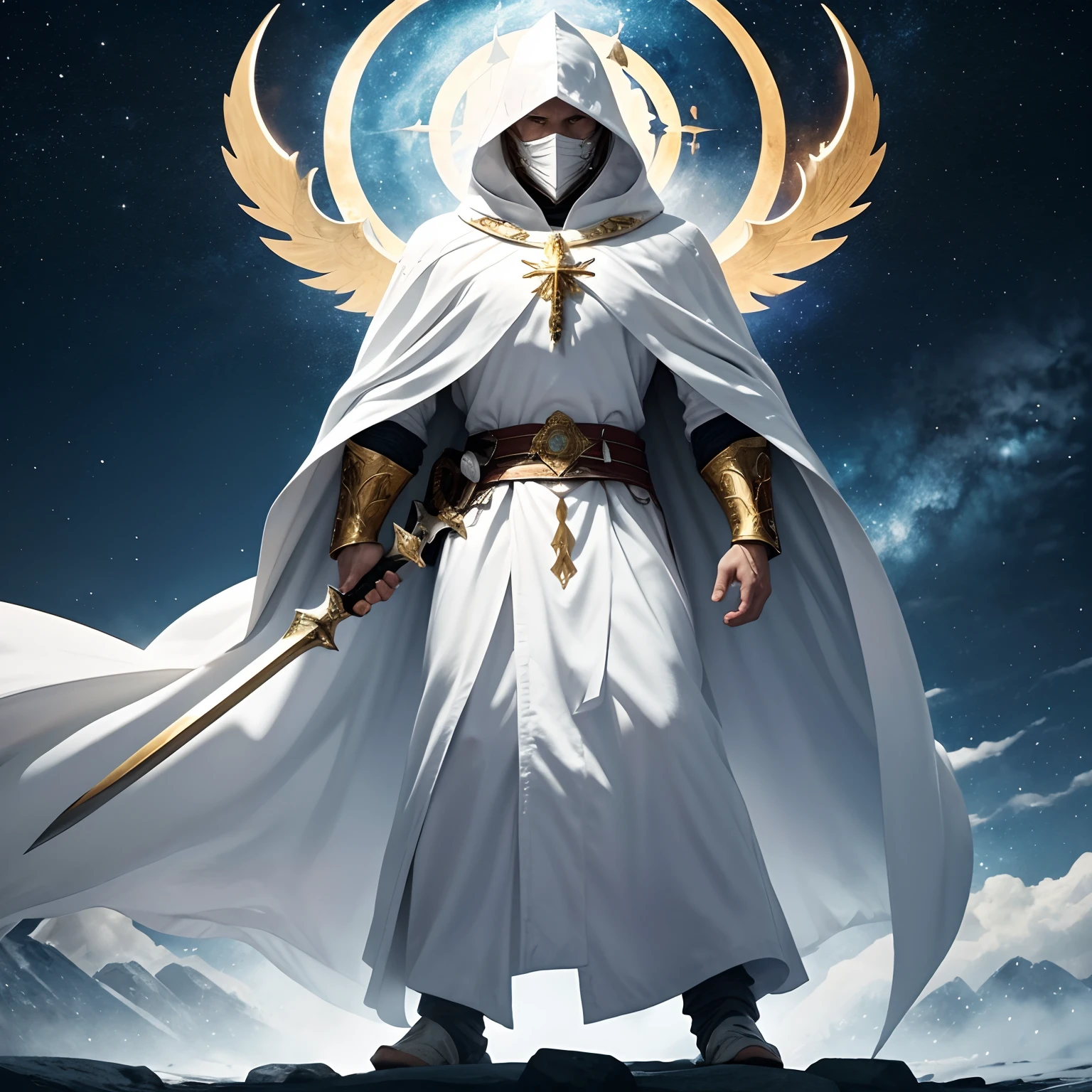 full body low angle shot of an intimidating male unarmored holy warrior with a large flowing white cloak with hood wearing a white and golden clothes and wielding a two-handed greatsword burning with golden flames standing on top of a castle tower on a starry night, man, ritualistic mask, long white cloak, shining white eyes, low angle, highly detailed, divine aspect
