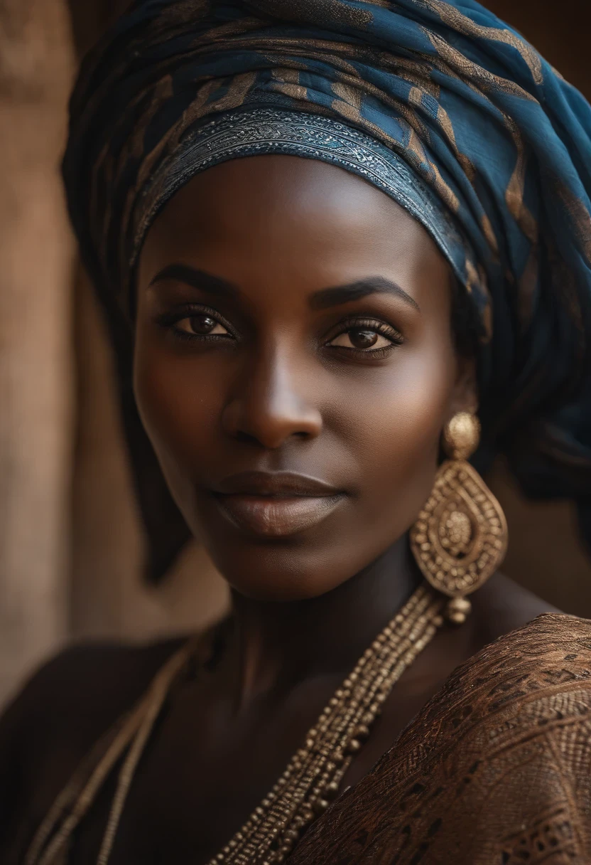close-up of arab black African Hausa WOMAN of ancient times, very realistic , cheveux noirs avec turban, Texture naturelle de la peau, 24 mm, Textures 4k, soft cinematic light, Photo brute, photorealism, photoreallistic, complexe, elegant, highly detailed, mise au point nette, ((((((cinematic look)))), tons doux, insane detail, Intricate details, hyperdetailed, Faible contraste, soft cinematic light, couleurs sombres, exposure blend, Hdr, faded in Traditional Hausa courtyard