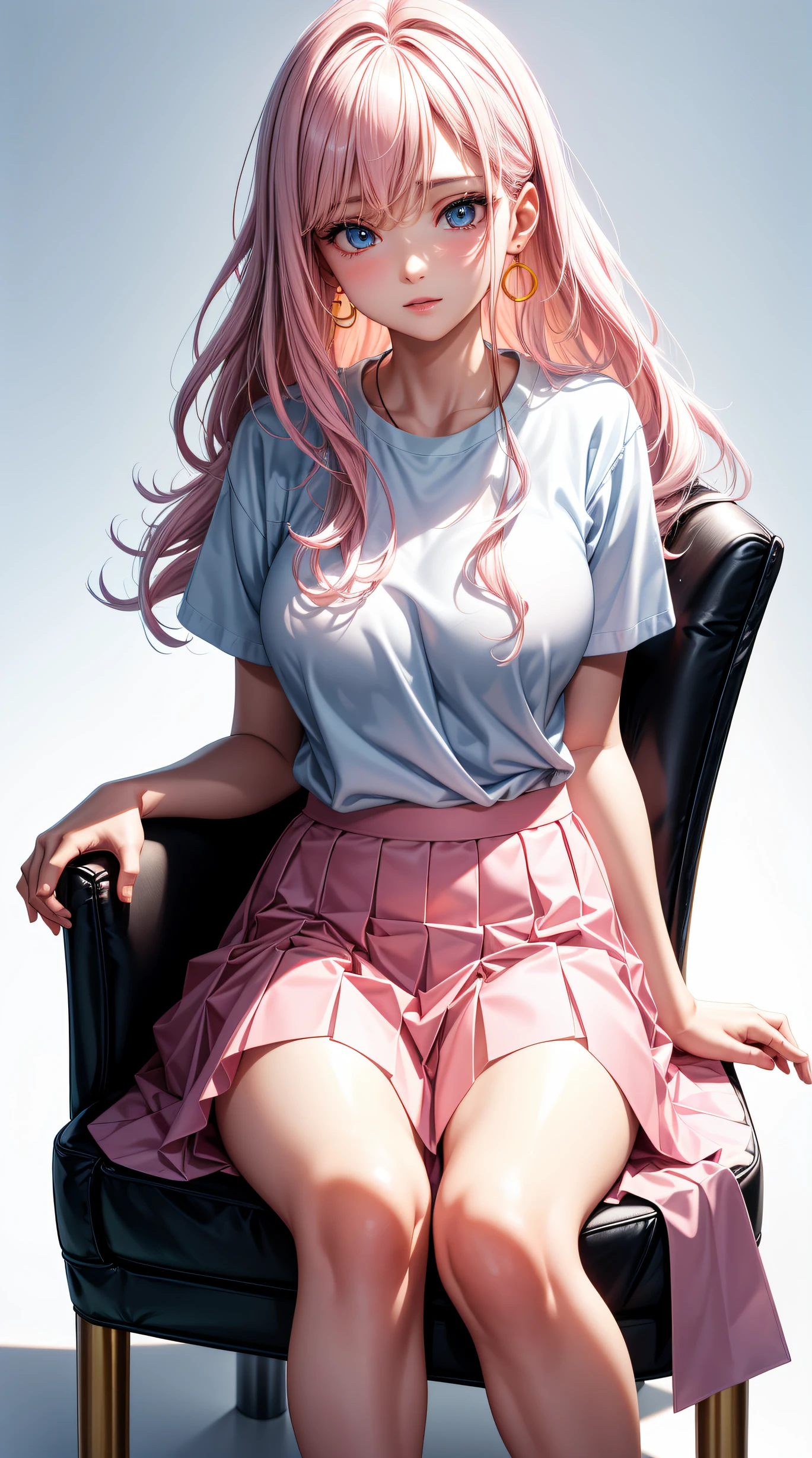 (best quality:1.5, highres, UHD, 4K, detailed lighting, shaders), white wavy hair, gradient hair, large breasts, woman small shirt, small skirt, white panties, pink skirt, (pov), full body, white background, colorful eyeshadow, dramatic lighting, sparkling eyes, confident expression, golden earrings, flowing hair, delicate facial features, soft skin, high cheekbones, stylish clothing, urban setting, sitting  on the chair at the back, taka a picture at the back, white background