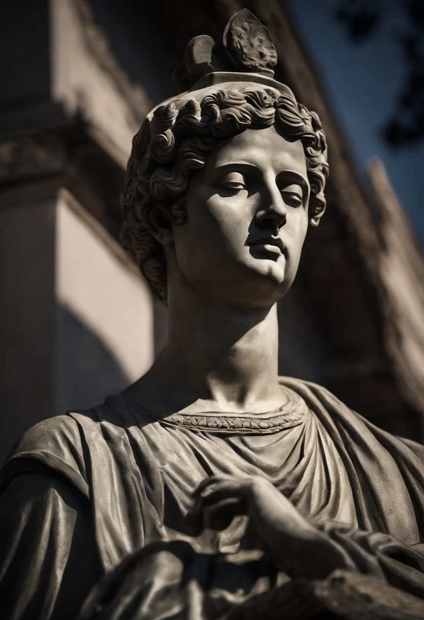 Por favor, Create a high-resolution image of a statue depicting an ancient Stoic focusing on the face and bust of the statue. This statue should be a vivid representation of wisdom and deep thinking.

The statue should be carved in exquisite detail, capturando as linhas do rosto, The expression of the eyes and the distinctive features of the Stoic. Cada ruga e dobra do rosto devem refletir a passagem do tempo e a sabedoria acumulada.

O fundo da imagem deve ser escuro, evocando uma noite estrelada. The starry night sky should be filled with bright stars and offer a sense of depth and mystery. The lighting on the statue should enhance its features, criando um contraste impressionante com o fundo estrelado.

As cores da imagem devem ser profissionais, with a balance of tones that enhance the expression and serenity of the statue. The image should convey a cinematic atmosphere that inspires contemplation and reflection.

Certifique-se de que cada detalhe, from the facial features of the statue to the stars in the sky, Be represented accurately and clearly. This image should evoke a sense of deep wisdom and introspection, Capturing the essence of Stoicism.